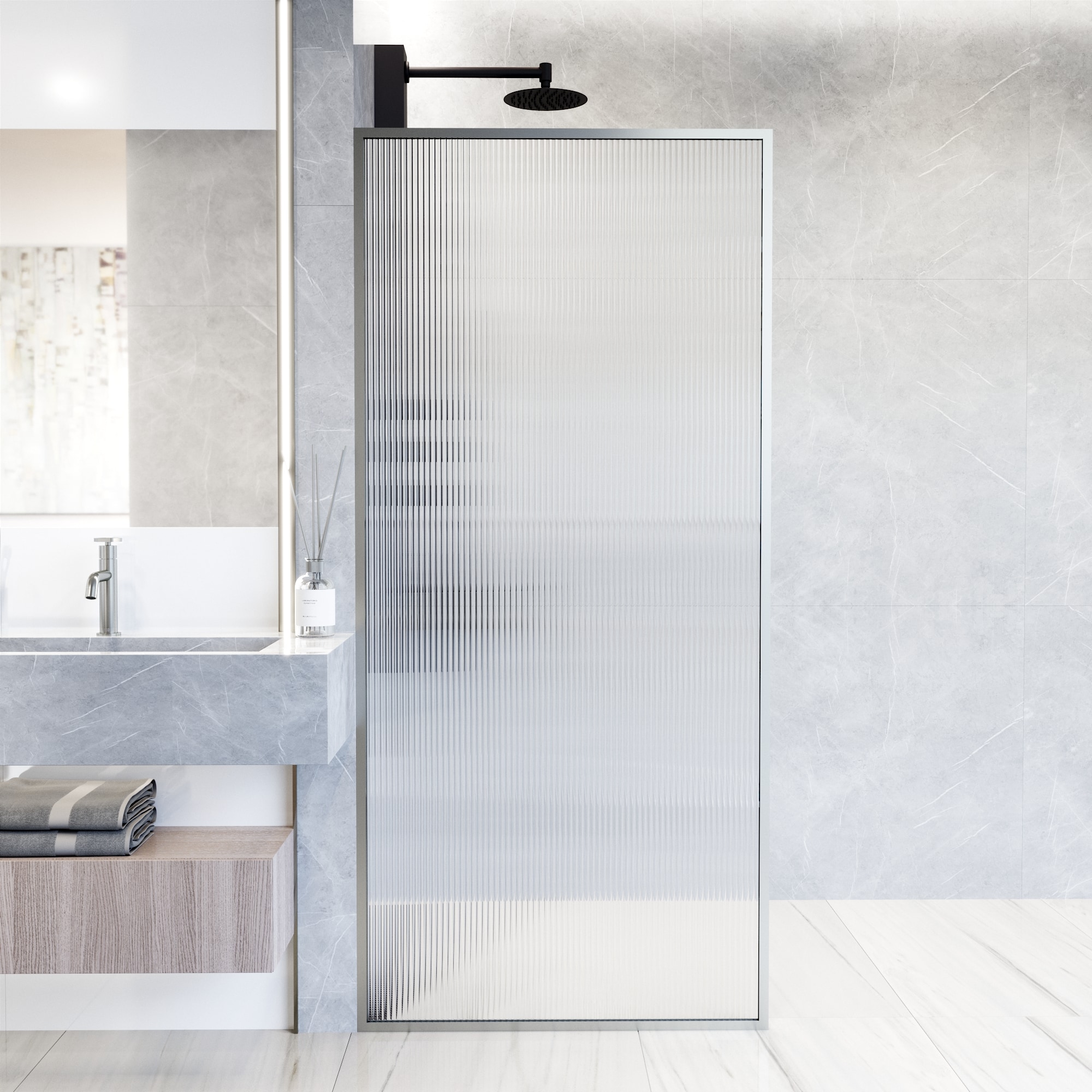 VIGO VG6077STFL3474 Meridian Stainless Steel 34-in W x 74-in H Framed Fixed Shower Door 3/8-in Thick Frosted/Patterned Glass