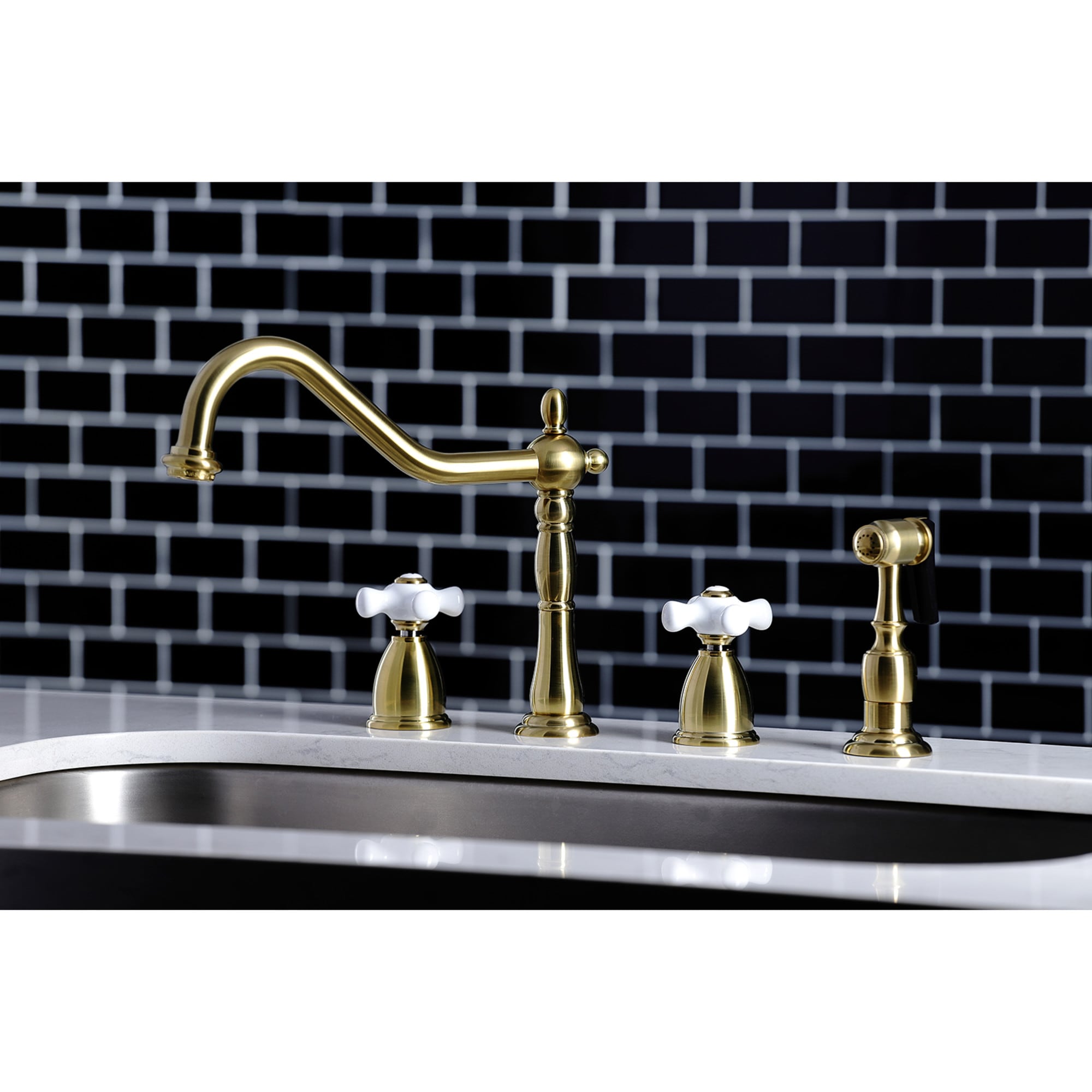 Kingston Brass WLKB1797PXBS Heritage Brushed brass Double Handle Deck-mount Kitchen Faucet with Sprayer ( Side Sprayer Included )