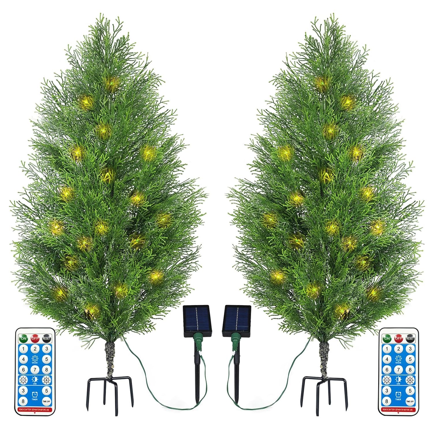 SdeNow Outdoor Solar Pre-Lit Artificial Cypress Topiary Trees with 60 LED Lights 8 Lighting Modes UV Resistant PE Construction Includes Ground Spikes and Flower Pots Set of 2
