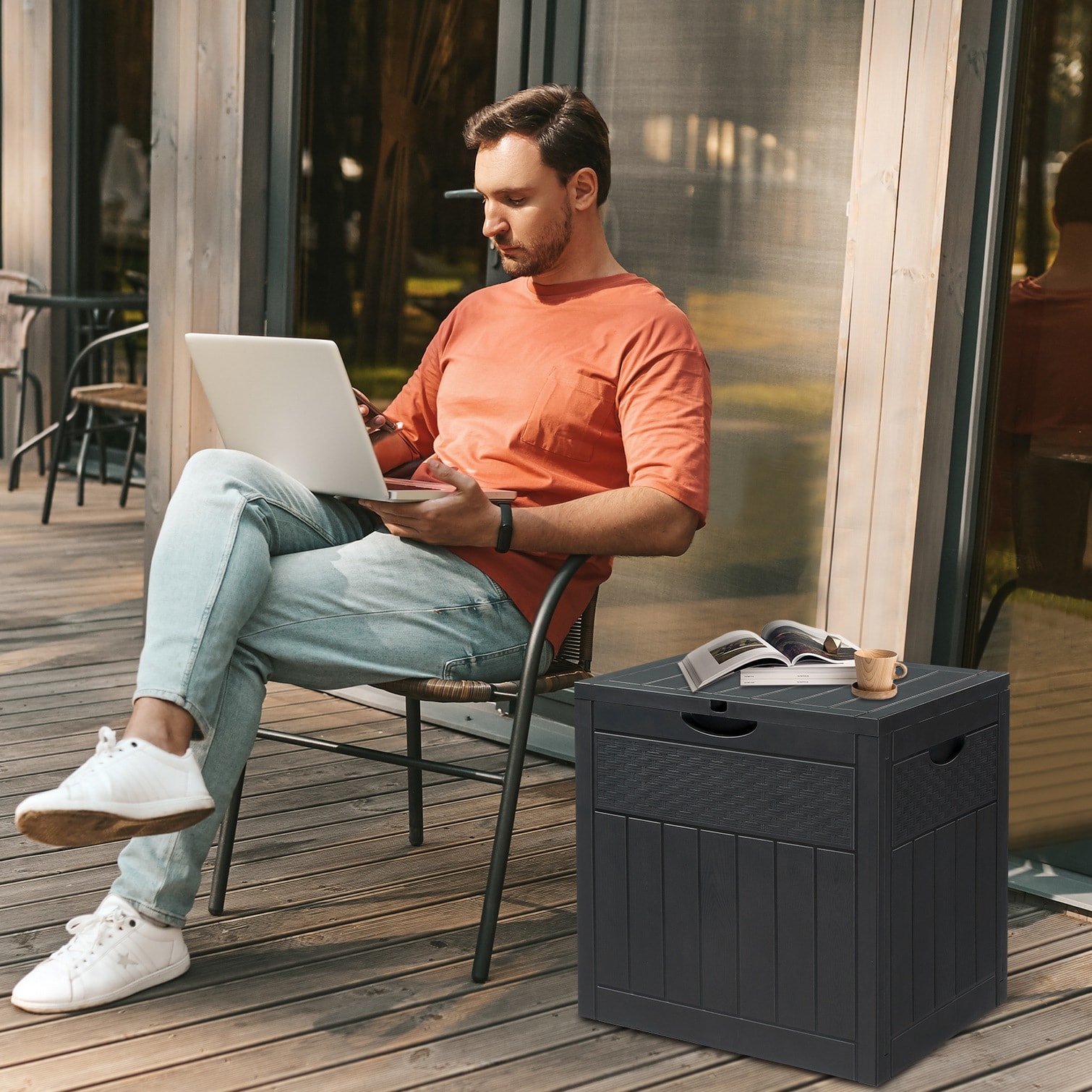 sunjurt Slate Gray Square Garden Storage Box with Rattan Accents 33 ...