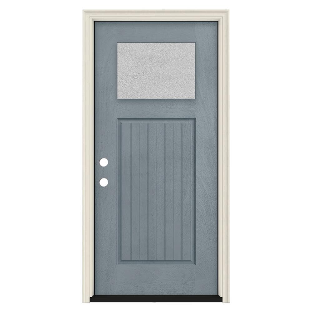 JELD-WEN LOWOLJW232700047 32-in x 80-in x 4-9/16-in Fiberglass Craftsman Right-hand inswing Stone Stained Prehung Front Door with Brickmould Insulating core Privacy glass
