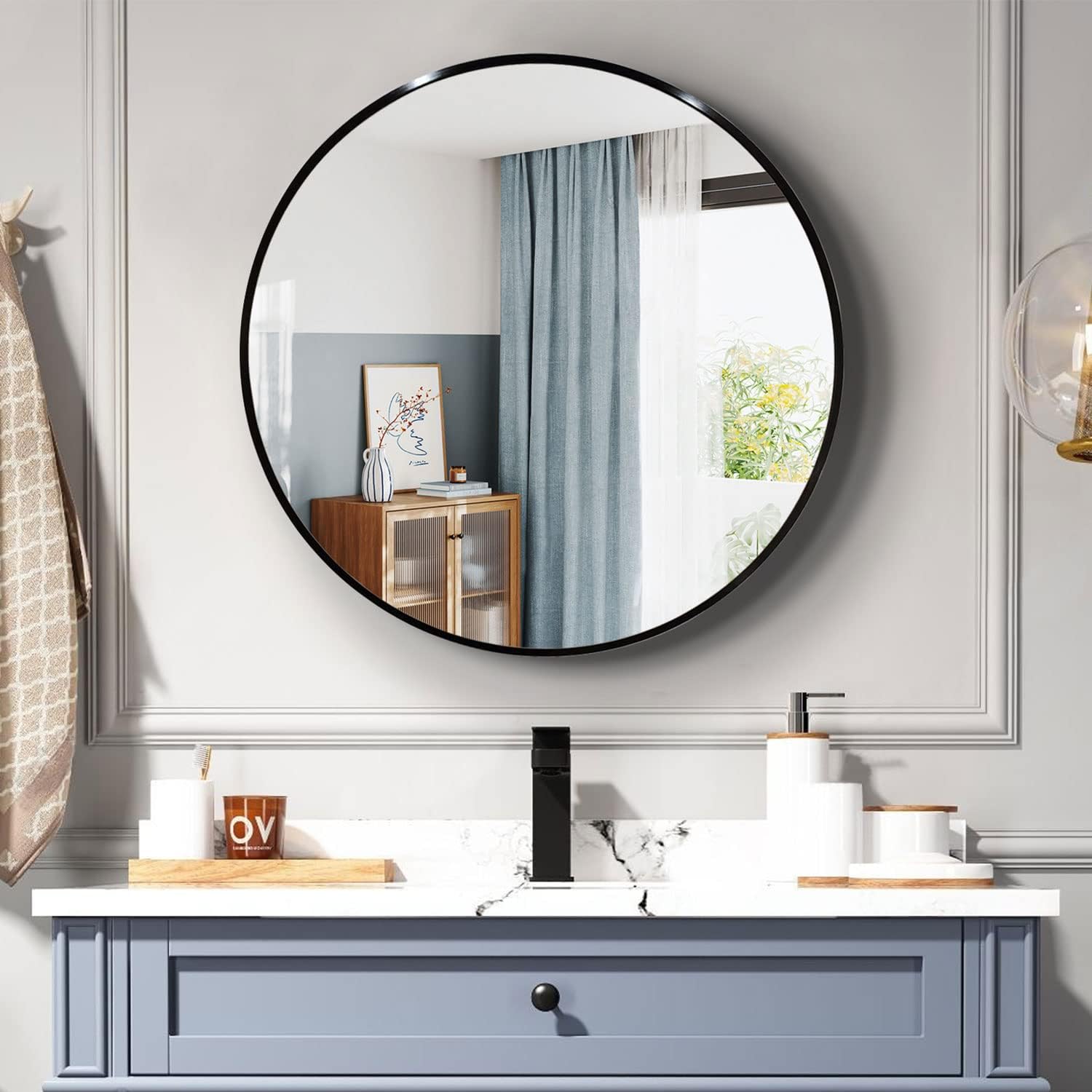 Forclover FH Round Bathroom Mirror 36-in x 36-in Framed Round Bathroom ...