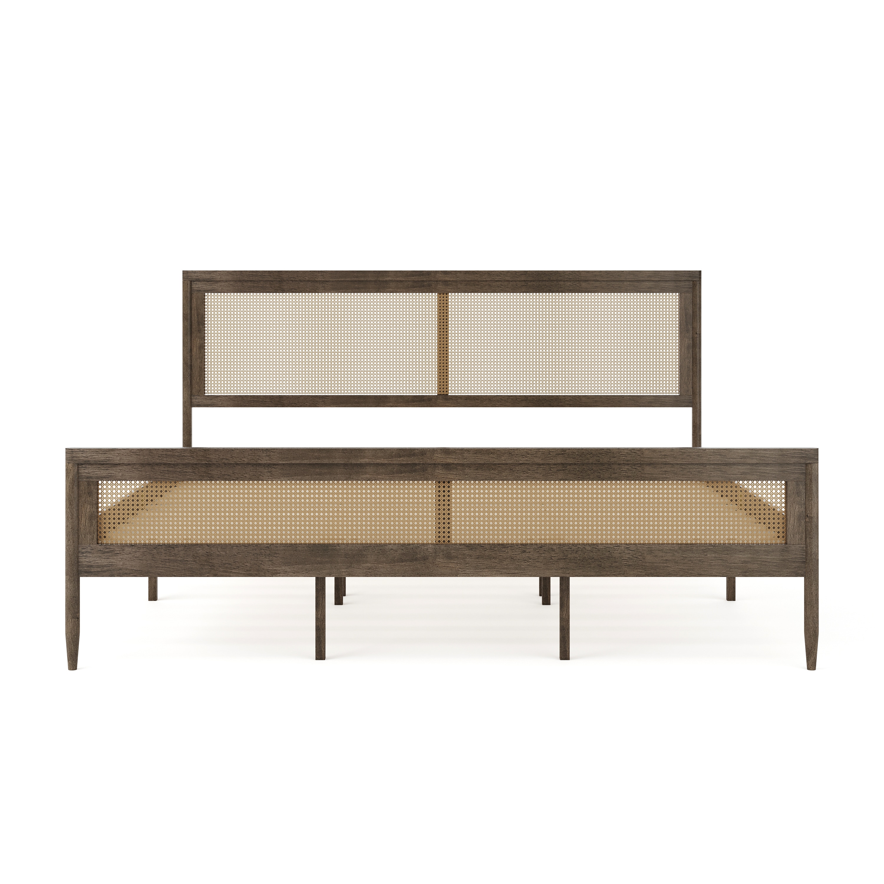 King Brown Gray Wood Frame Platform Bed with Rattan Headboard