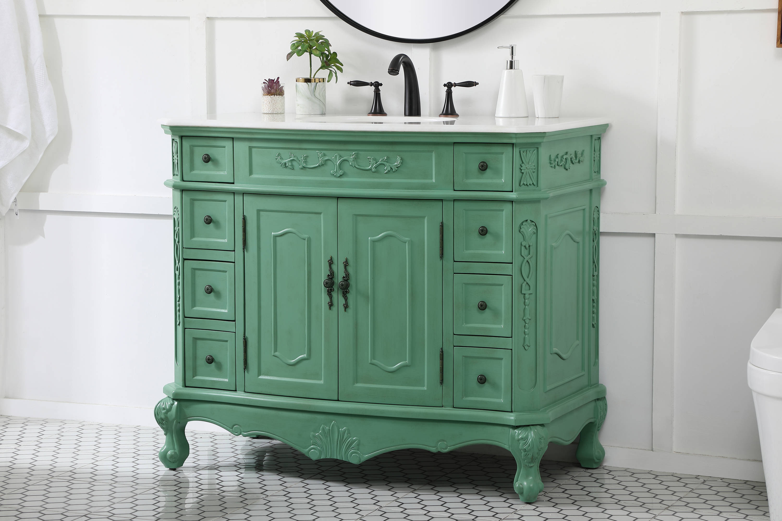 Vintage Mint Solid Wood Single Bathroom Vanity with Marble Top