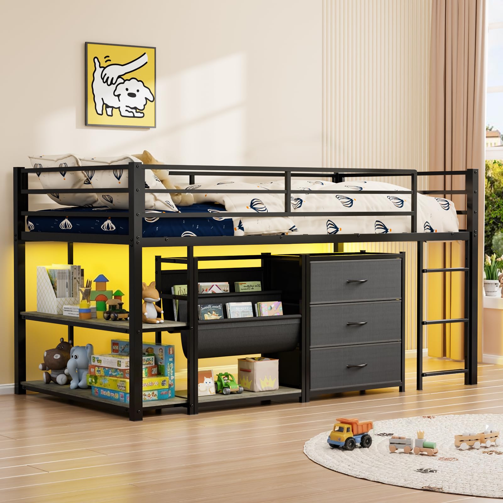 JOYMOR - Twin Size Low Loft Bed with 3 Storage Drawers 2 Tier Storage Shelves 2 Tier Bookcase an...