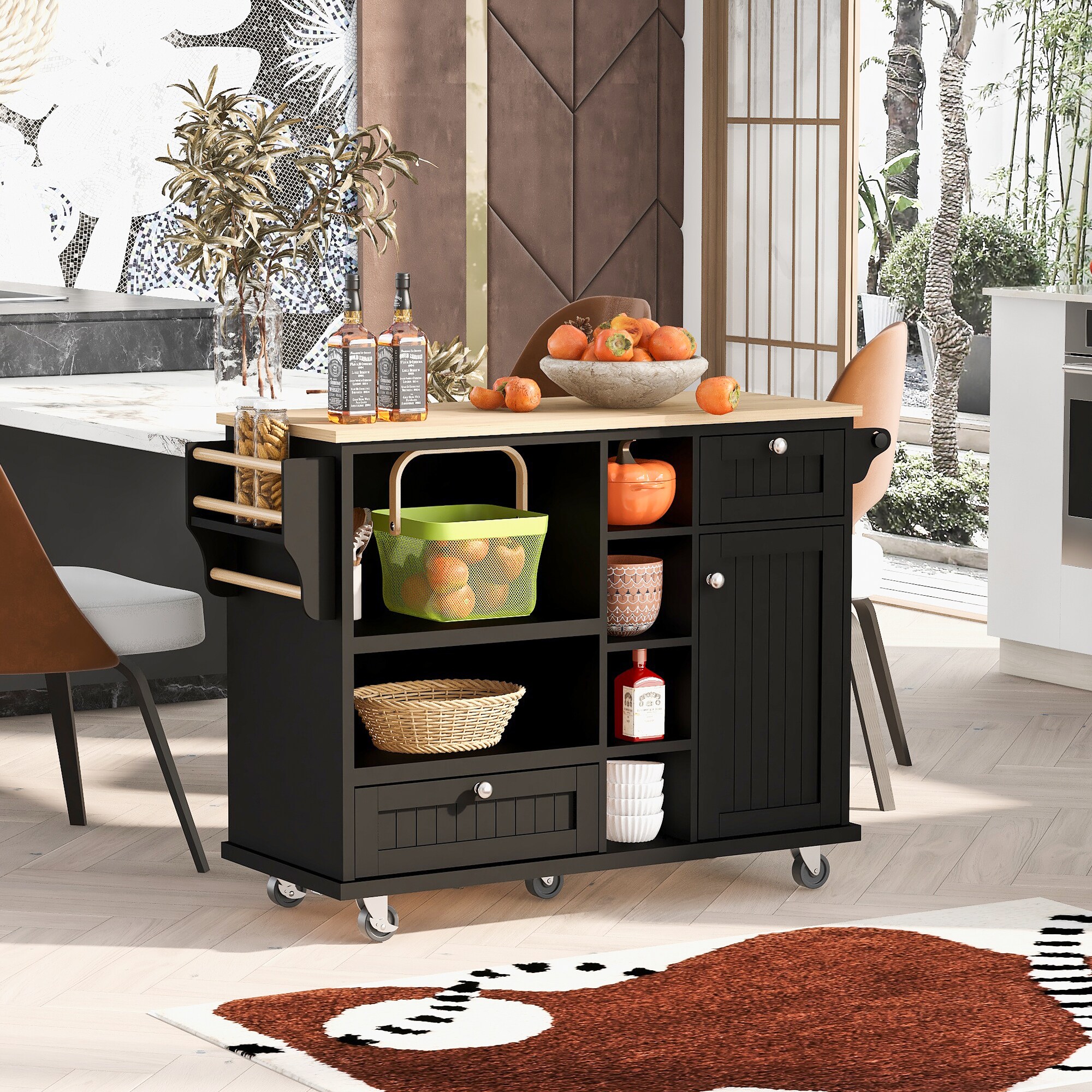 Xspracer ML-KI70WB Black MDF Base with Wood Wood Top Rolling Kitchen Cart ( 18-in x 51-in x 36-in )