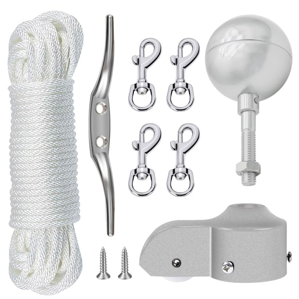 Afoxsos  Flagpole Hardware Kit with 3 inch Gold Ball Topper Aluminum Truck with Nylon Pulley 50FT 1/4 inch Halyard Rope 6 inch Cleat 4 Swivel Hooks for 1.6 to 2 inch Flag Poles 1 Kit