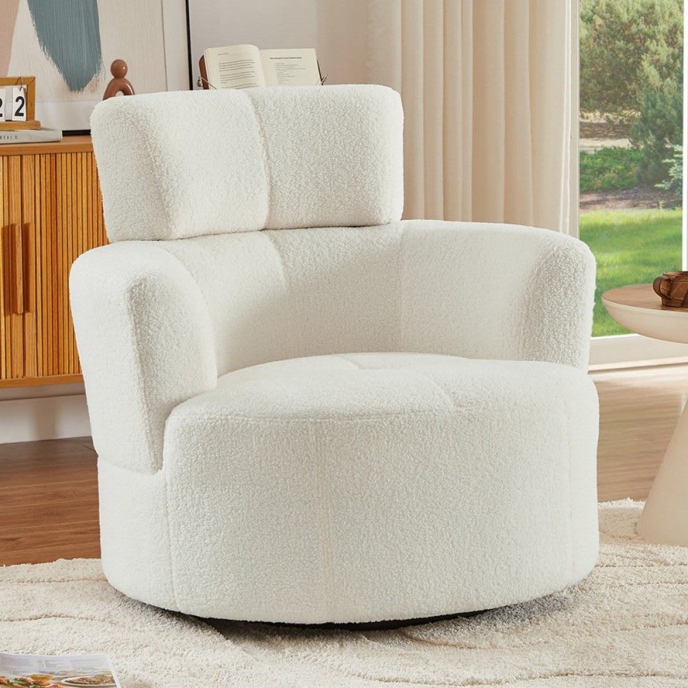 Coolbibila ASPEN-CHAIR-CREAM Modern Cream Upholstered Swivel Accent Chair with Round Barrel Design and Adjustable Headrest - Thumbnail