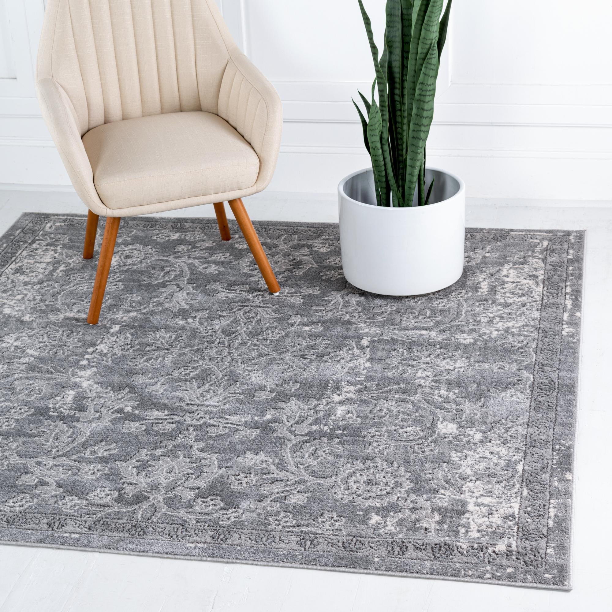 Unique Loom 3147384 Portland 6 x 6 (ft) Loomed Polypropylene Gray Square Indoor Floral/Botanical Area rug