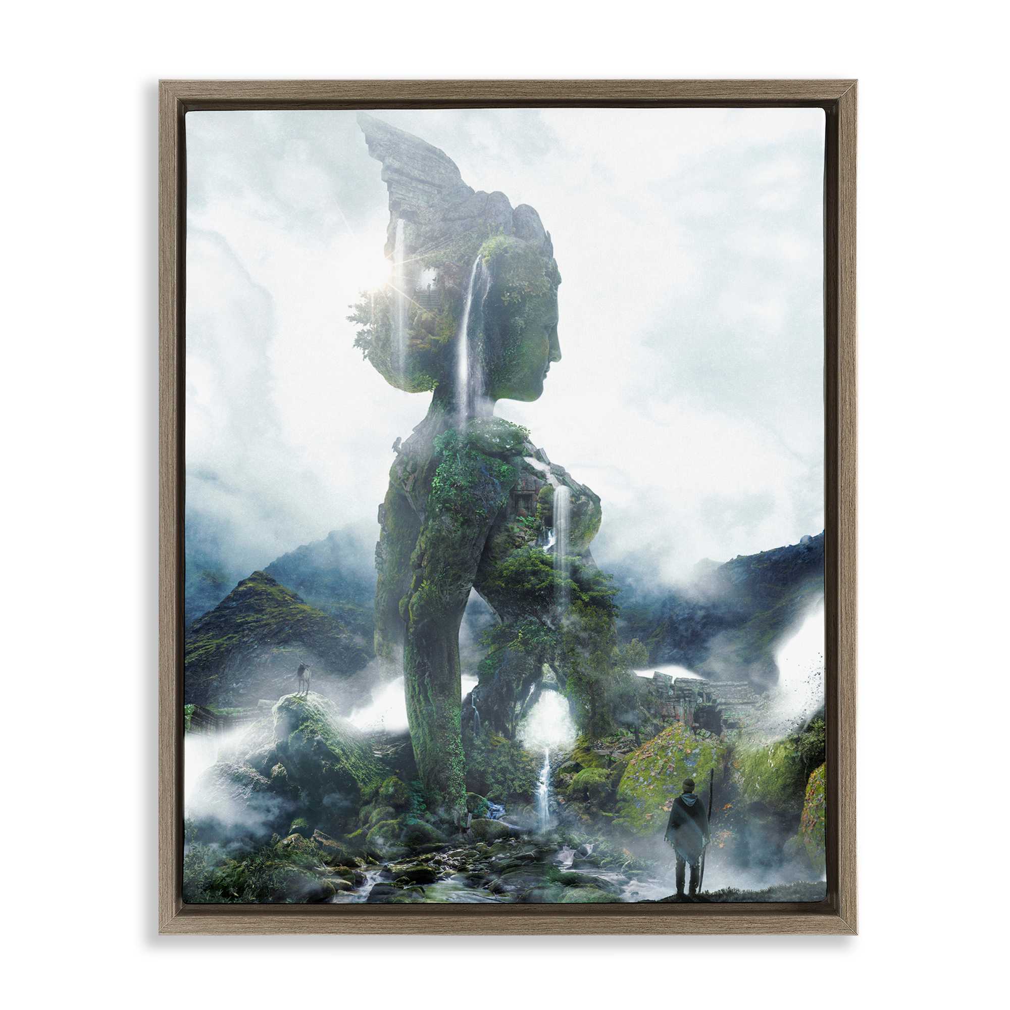 Stupell Industries BT-393-FFE-24X30 Mossy Nature Statue of Woman Brown Framed Floater Canvas Wall Art By Barrett Biggers 25 x 31