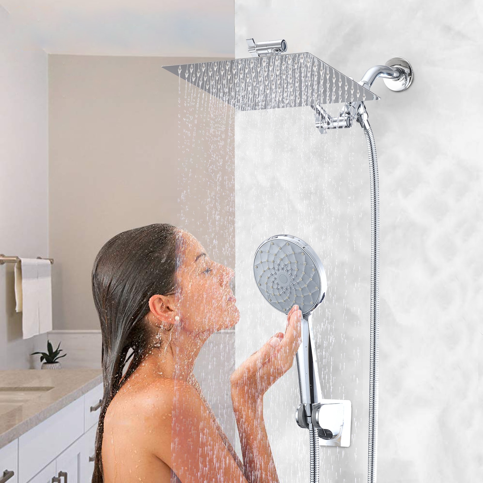 LUCKY ONE Chrome 10 Inch Rainfall Shower Head Handheld Combo High Pressure 6 Mode Adjustable with Arm