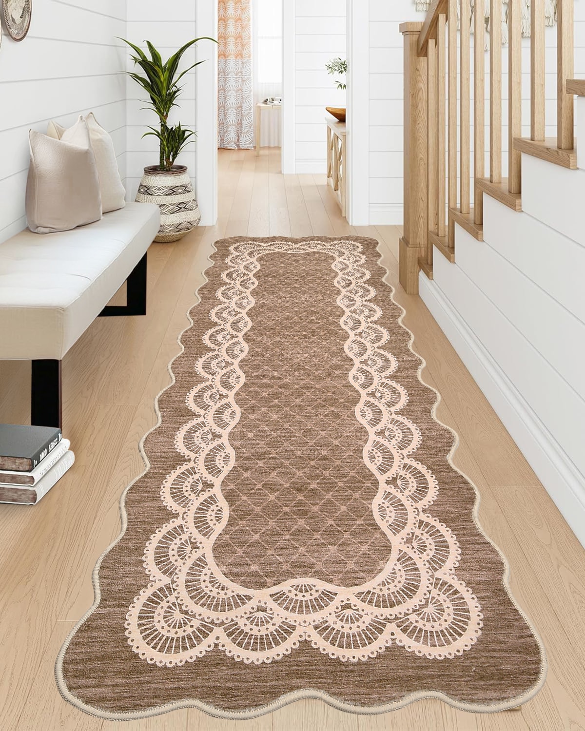 Qeetex 2 x 6 ft Taupe Washable Modern Scalloped Non Slip Bedroom Kitchen Entryway Laundry Rectanular Polyester Runner Rug