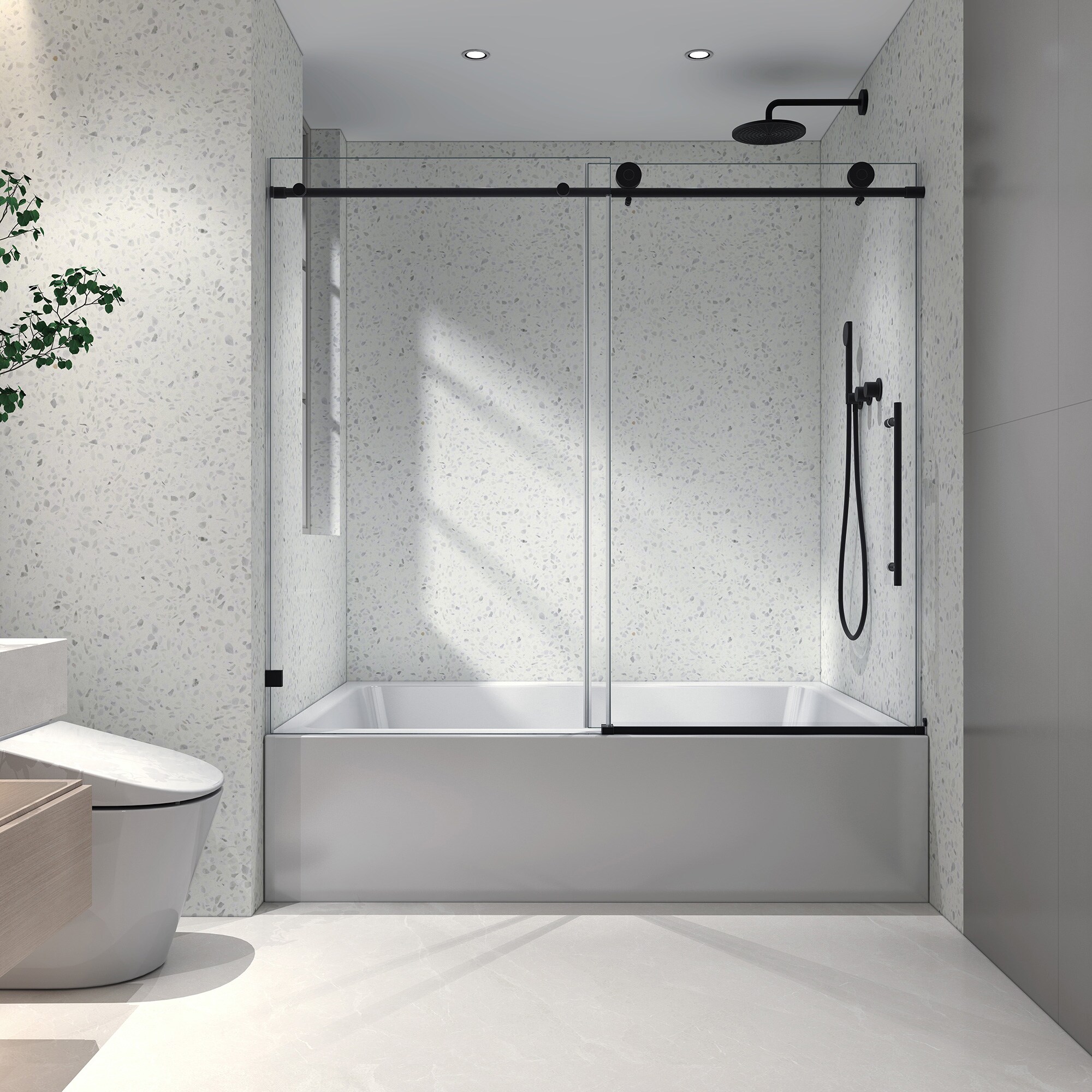 Rainlex 55 to 60-in W x 63-in H Sliding Frameless Tub Door with 5/16 Inch (8mm) Thick Tampered Glass in Matte Black