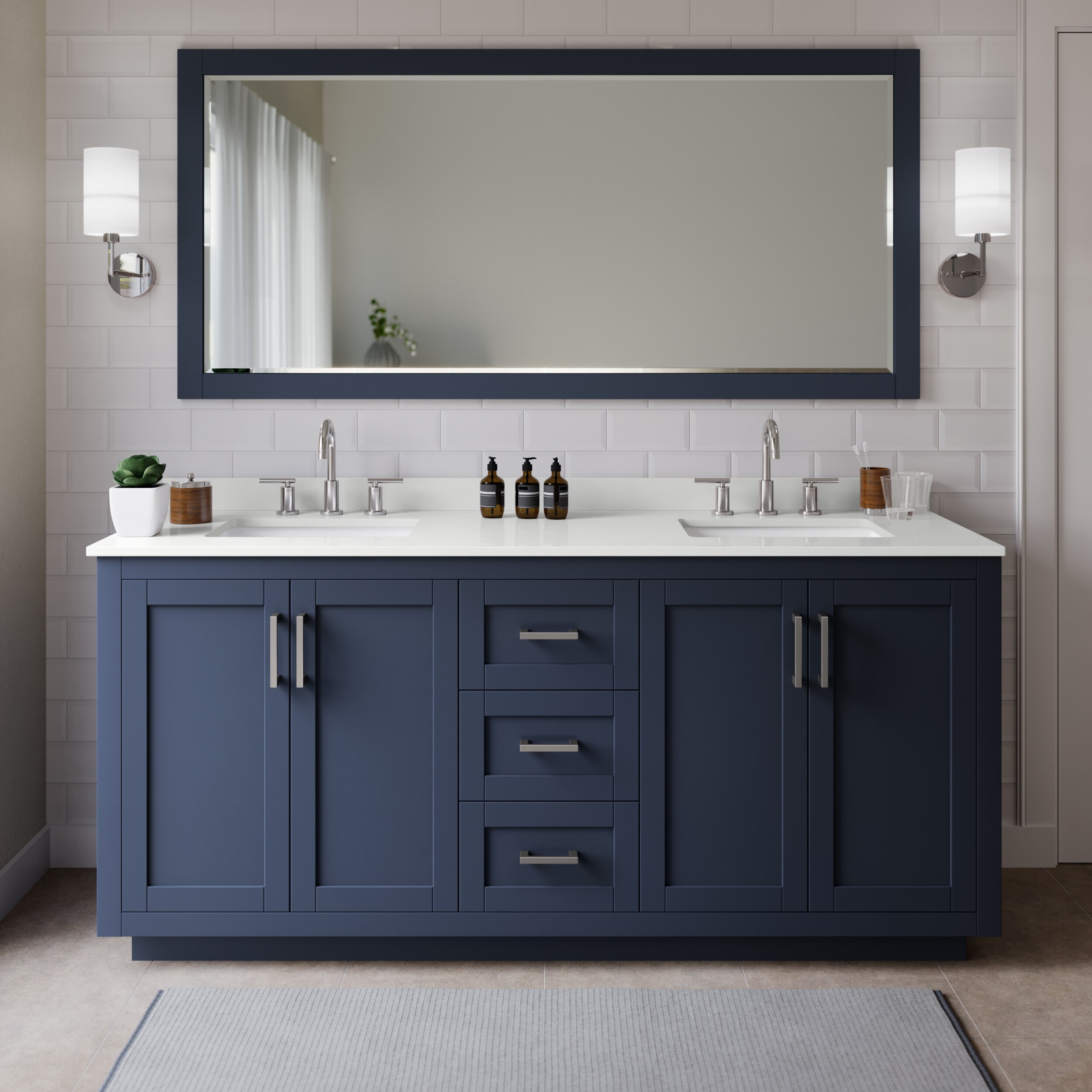 Wyndham Collection WCF292972DBNWQUS3MXX Miranda 72-in Dark Blue Undermount Double Sink Bathroom Vanity with White Quartz Top