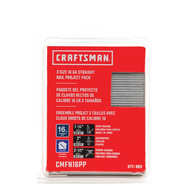 CRAFTSMAN 1-1/4-in; 2-in; 2-1/2-in 16-Gauge Straight Coated Collated Finish  Nails (900-Per Box) in the Brads & Finish Nails department at 