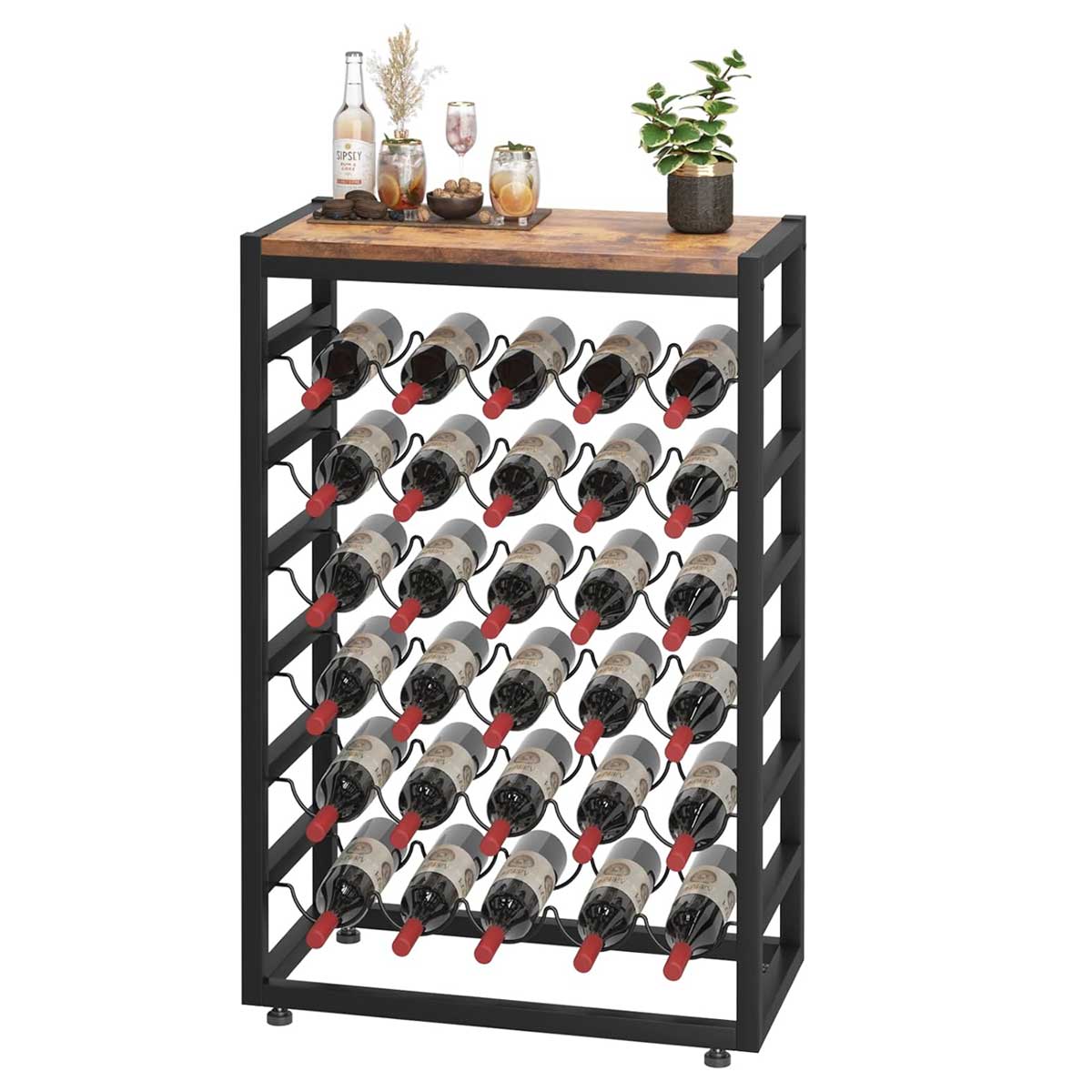 Aoibox 30 Bottles Wine Rack Free Standing Floor 6 Tier Display Wine Storage Shelves with Wooden Table Top Sturdy Metal Bottle Holder for Kitchen Bar Pantry