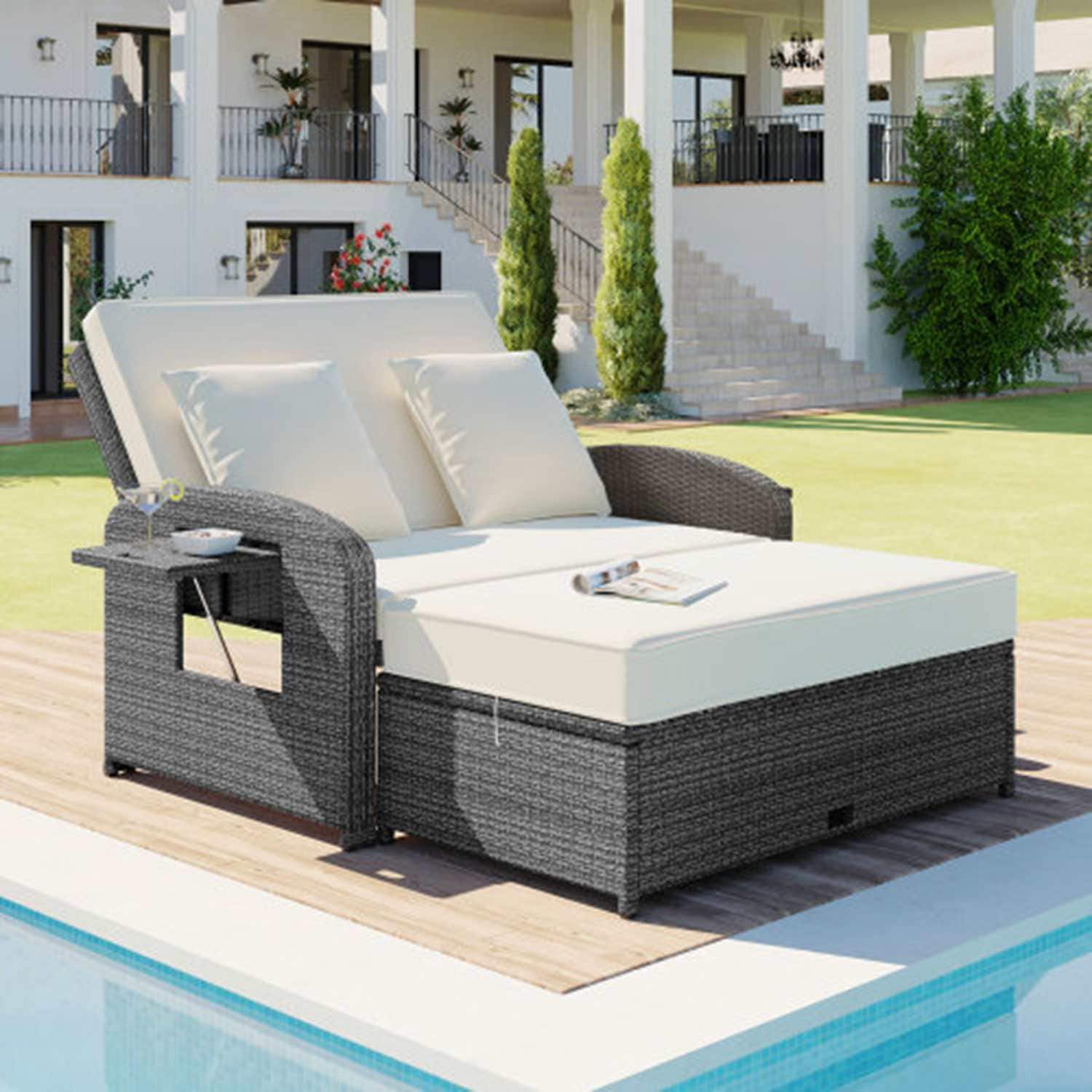 Runesay DABED-09 Reclinging Daybed Wicker Outdoor Daybed with Beige Cushions and Iron Frame