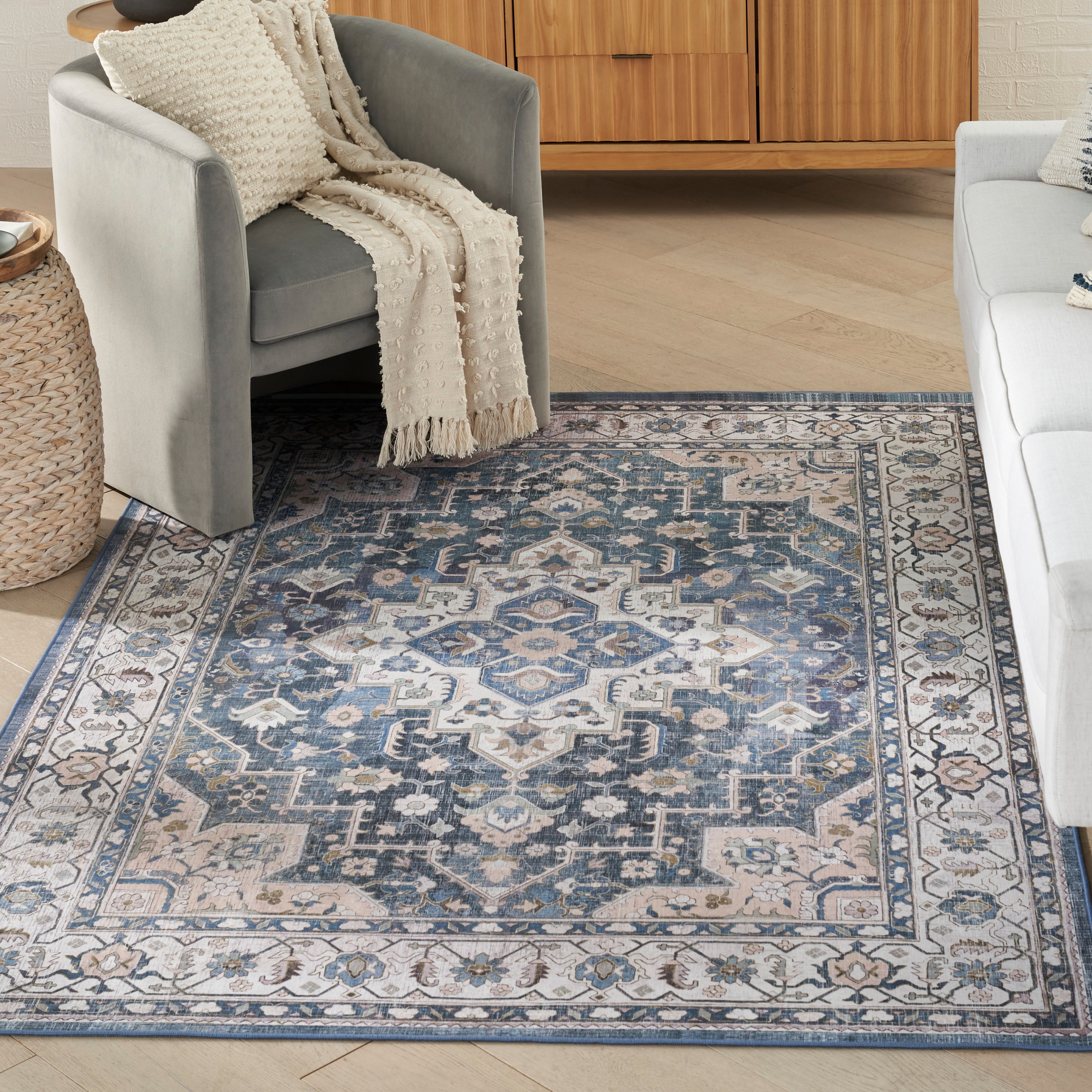 Nourison Home 099446931788 Vintage Home 5 x 7 (ft) Polyester Ivory Blue Rectangular Indoor Medallion Persian Area rug