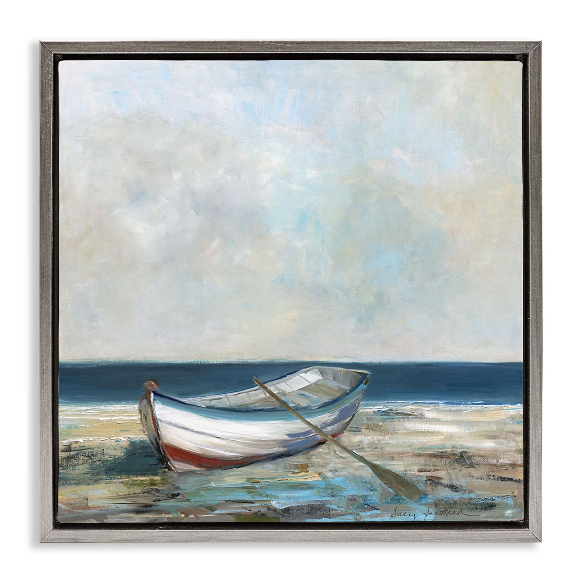 Stupell Industries BS-150-FFL-17X17 Boat and Oar on Shore Gray Framed Floater Canvas Wall Art By Sally Swatland 18 x 18