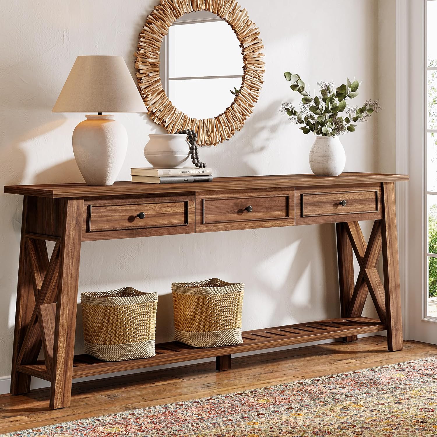 Tribesigns 70.9 inch W Farmhouse Rectangular Walnut Console Table with 3 Storage Drawers and Bottom Shelf for Hallway Living Room