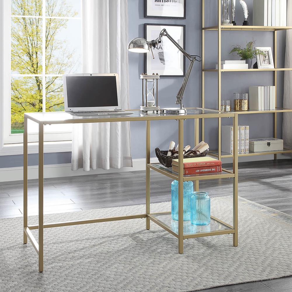 gold desk with shelves