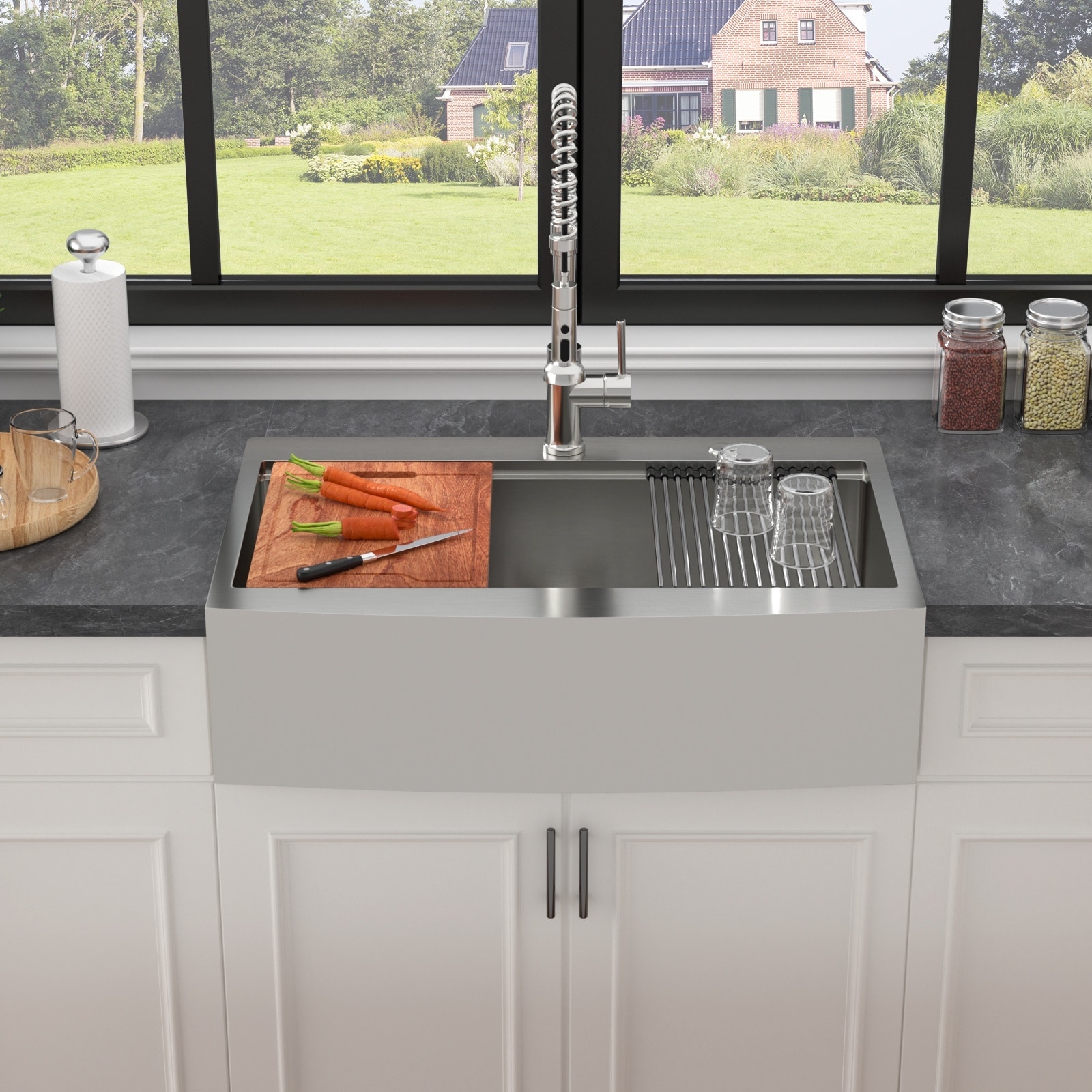 LIVACA 33 inch Brushed Nickel Stainless Steel Drop In Farmhouse Kitchen Sink Workstation with Built In Ledges and Accessories