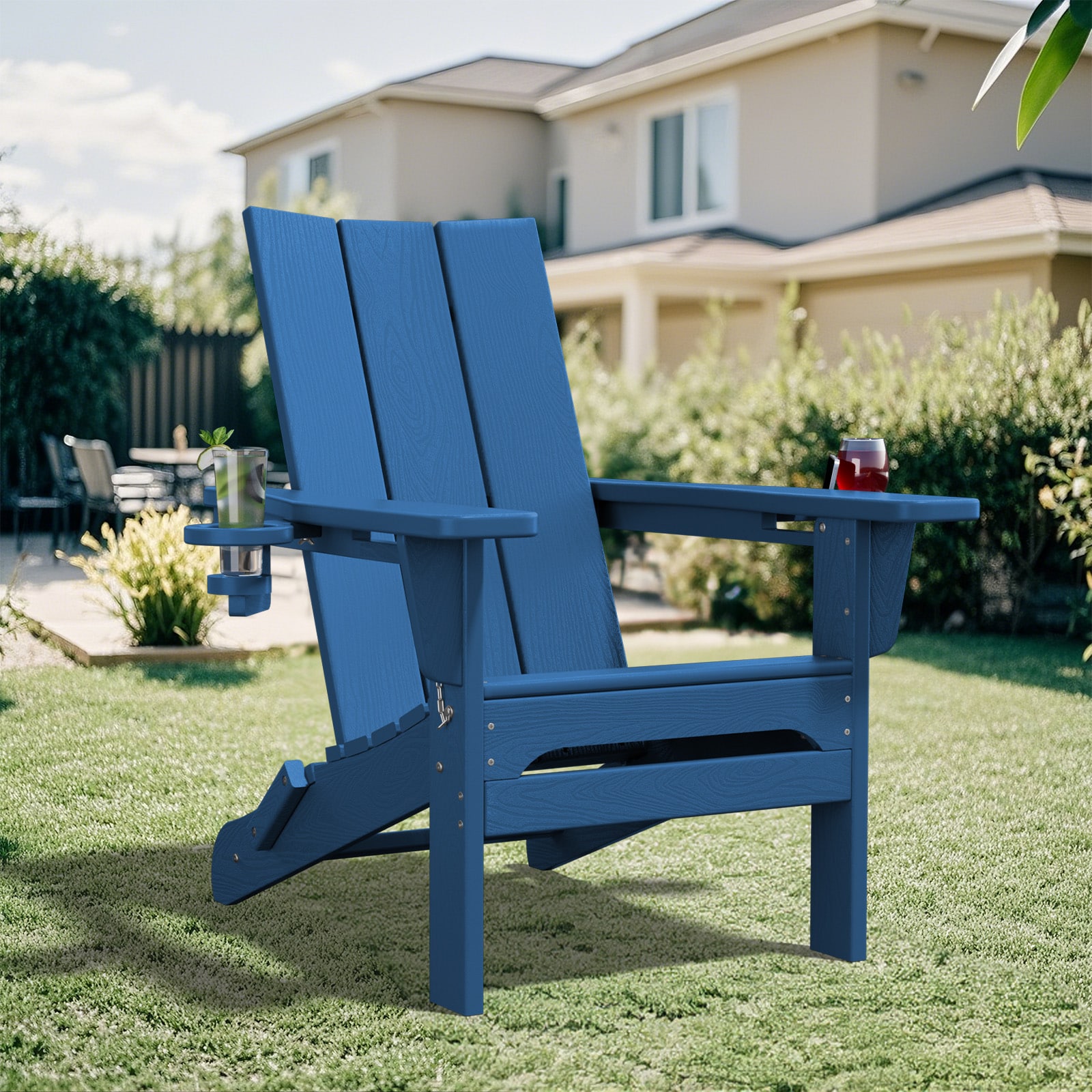 JEAREY YDQWY-GD-NY HDPE Patio Adirondack Chair with Dual Cup Holders Navy HDPE Frame Stationary Adirondack Chair with Blue Slat Seat