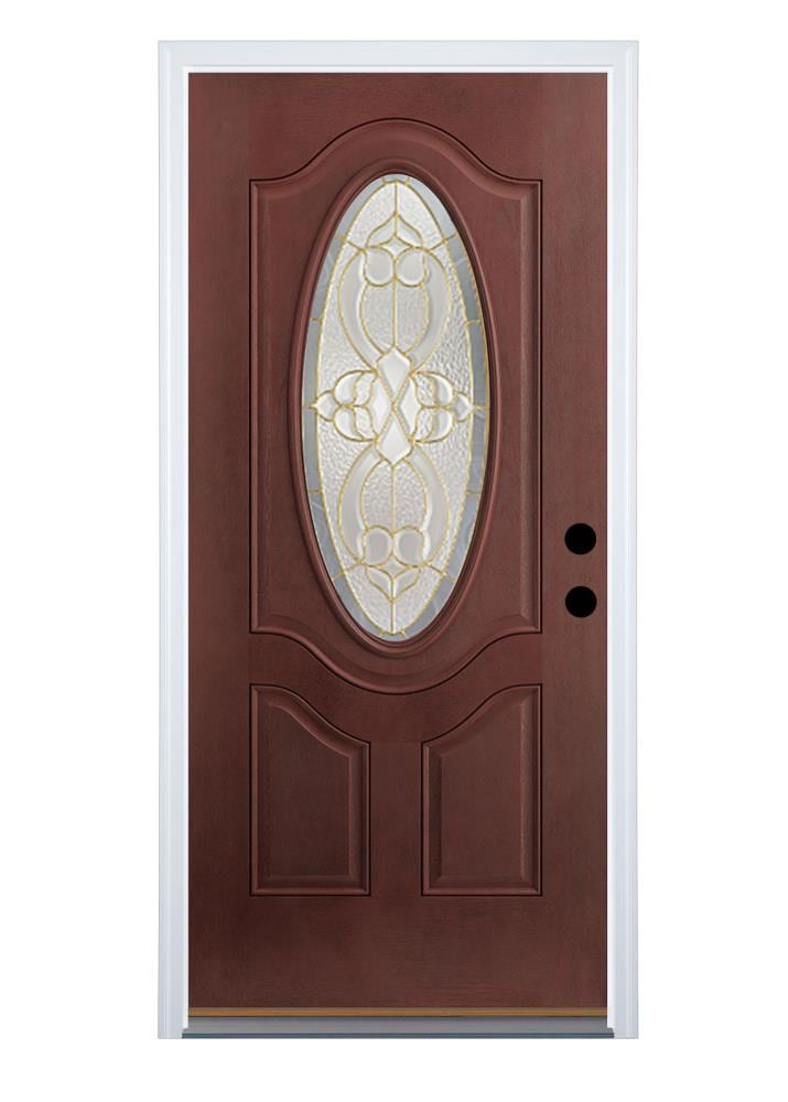 Therma-Tru Benchmark Doors DMFGWB0176B30RB Willowbrook 36-in x 80-in Fiberglass Oval Lite Right-Hand Inswing Mahogany Stained Prehung Single Front Door with Brickmould Insulating Core