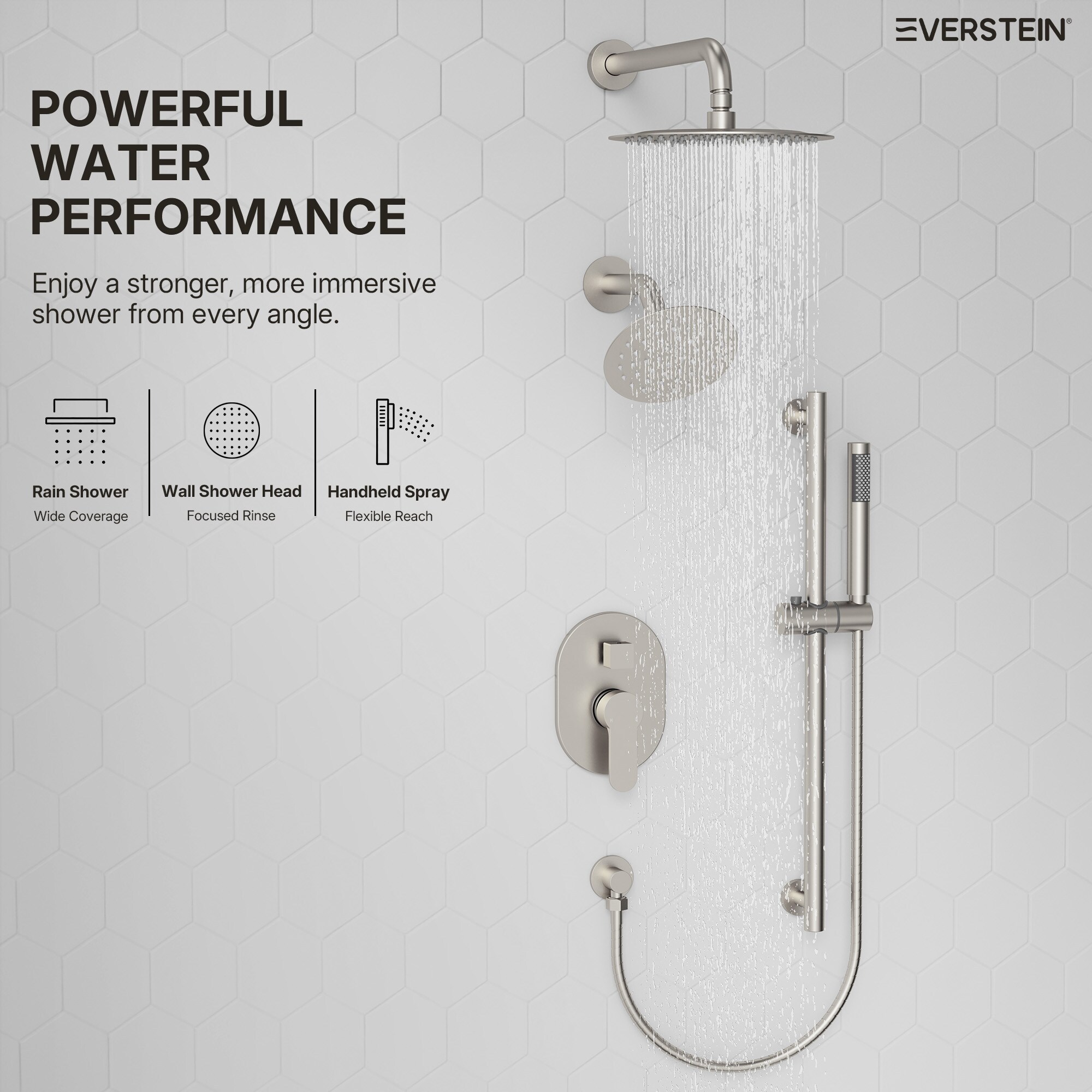 EVERSTEIN 3-Spray Patterns Round Fixed Shower Head 10 and 6 in. with 2. ...