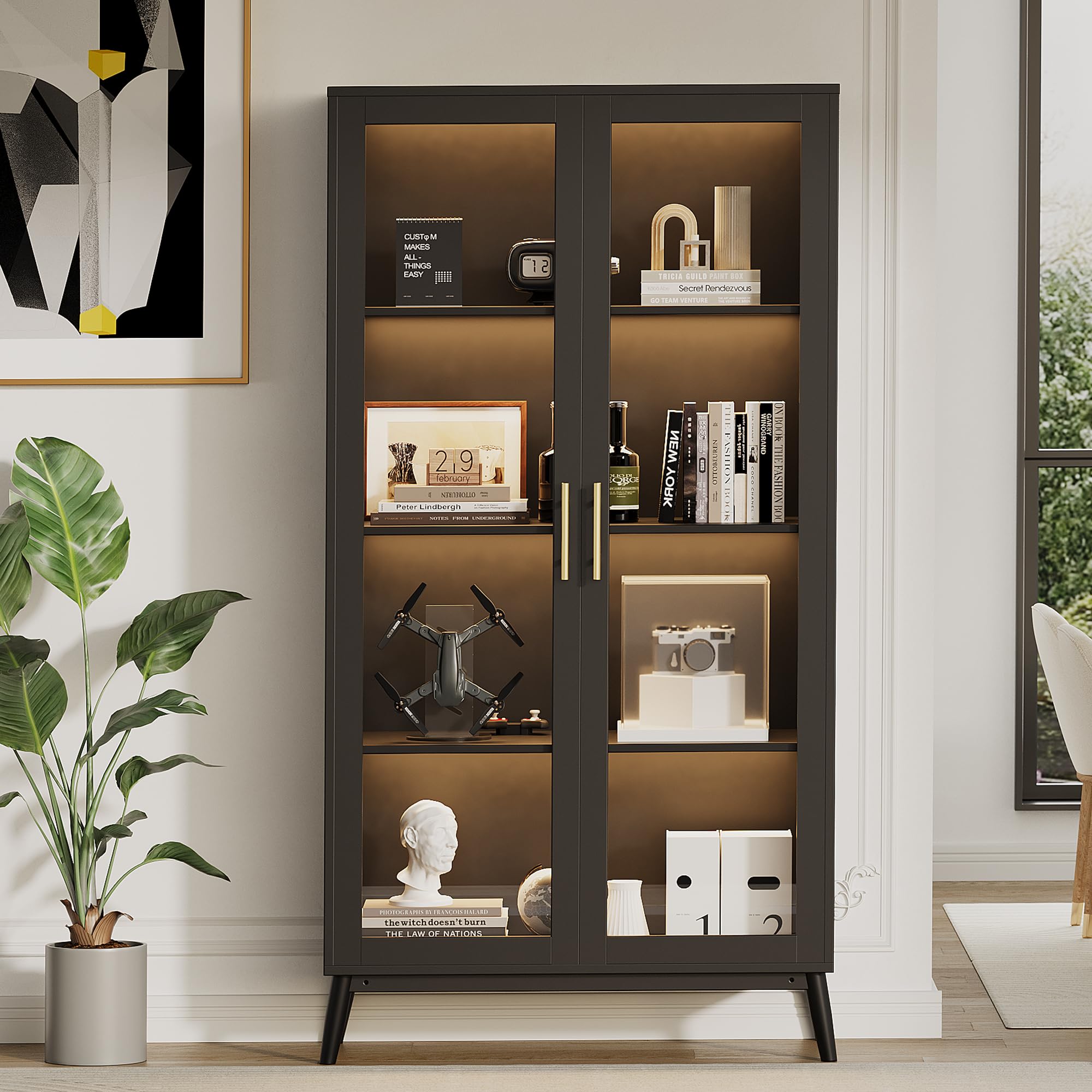 IdealHouse Kitchen Pantry Storage Cabinet with Glass Doors 4-Tier Glass Display Case with 3 Color LED Lights Charging Ports and Motion Sensor Curio Cabinet Display Shelf Bookcase Storage Cabinets for Collectibles Figures