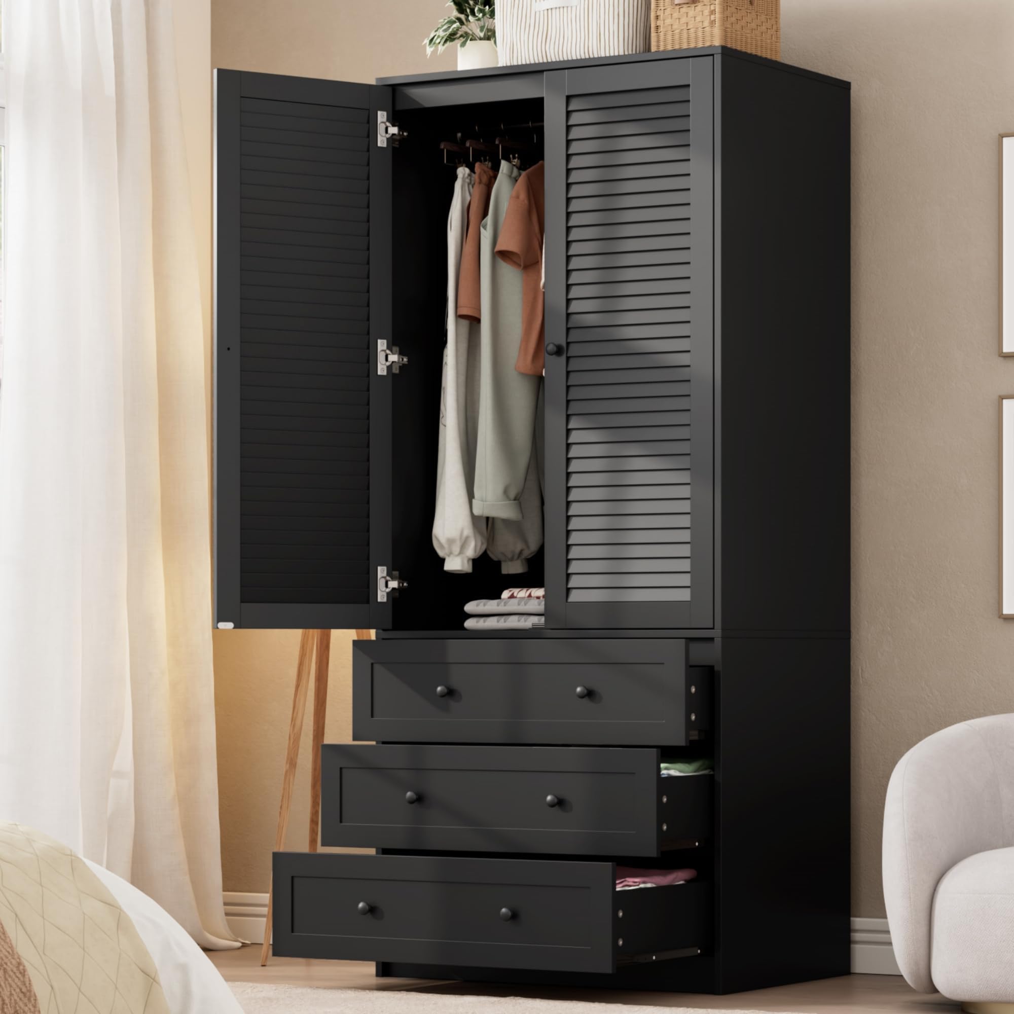 IdealHouse - 69.5in Wardrobe Armoire Wooden Closet with 2 Louvered Doors and 3 Drawers Bedroom Ar...