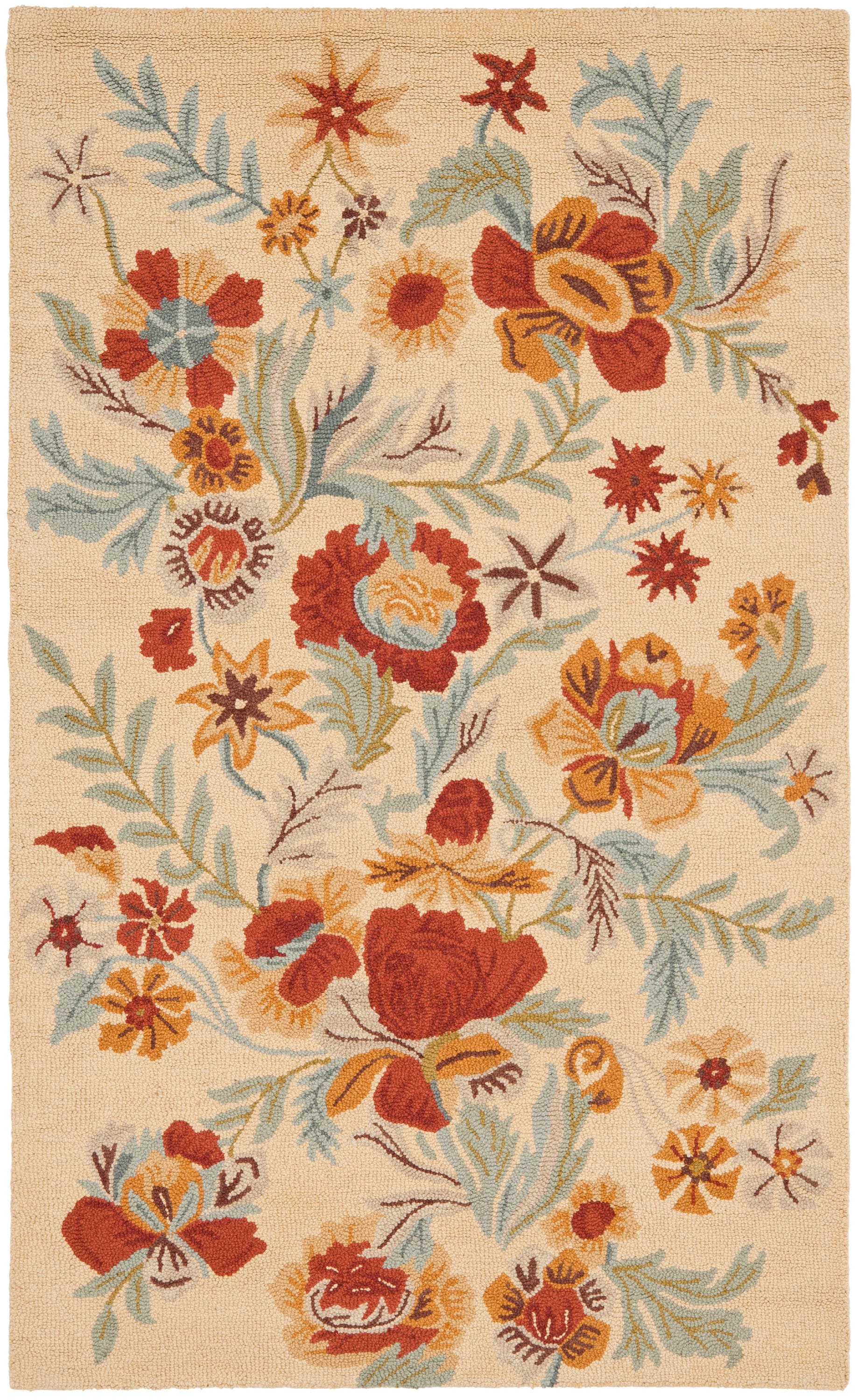 Beige Multicolor Floral Wool 5' x 8' Handmade Area Rug