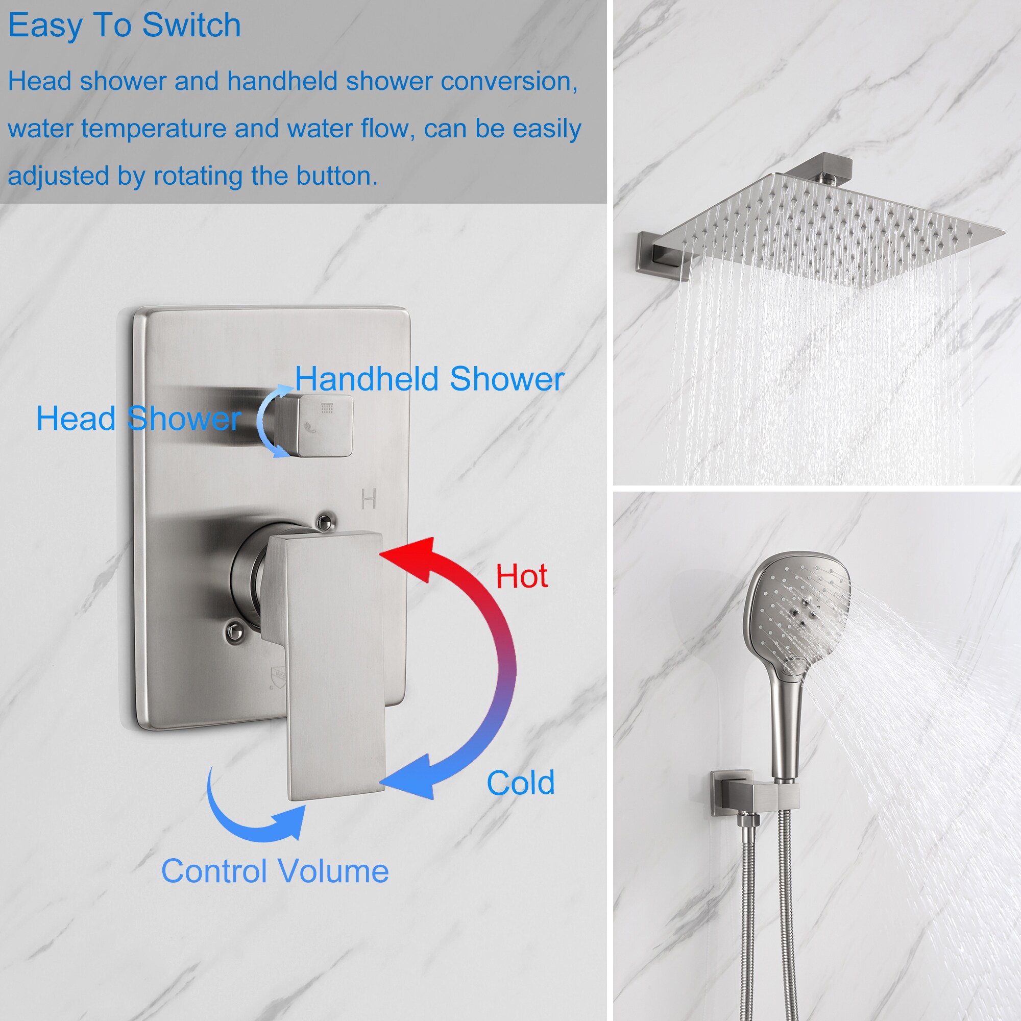 Mondawe Brush Nickel Dual Head Waterfall Built-In Shower System in the ...