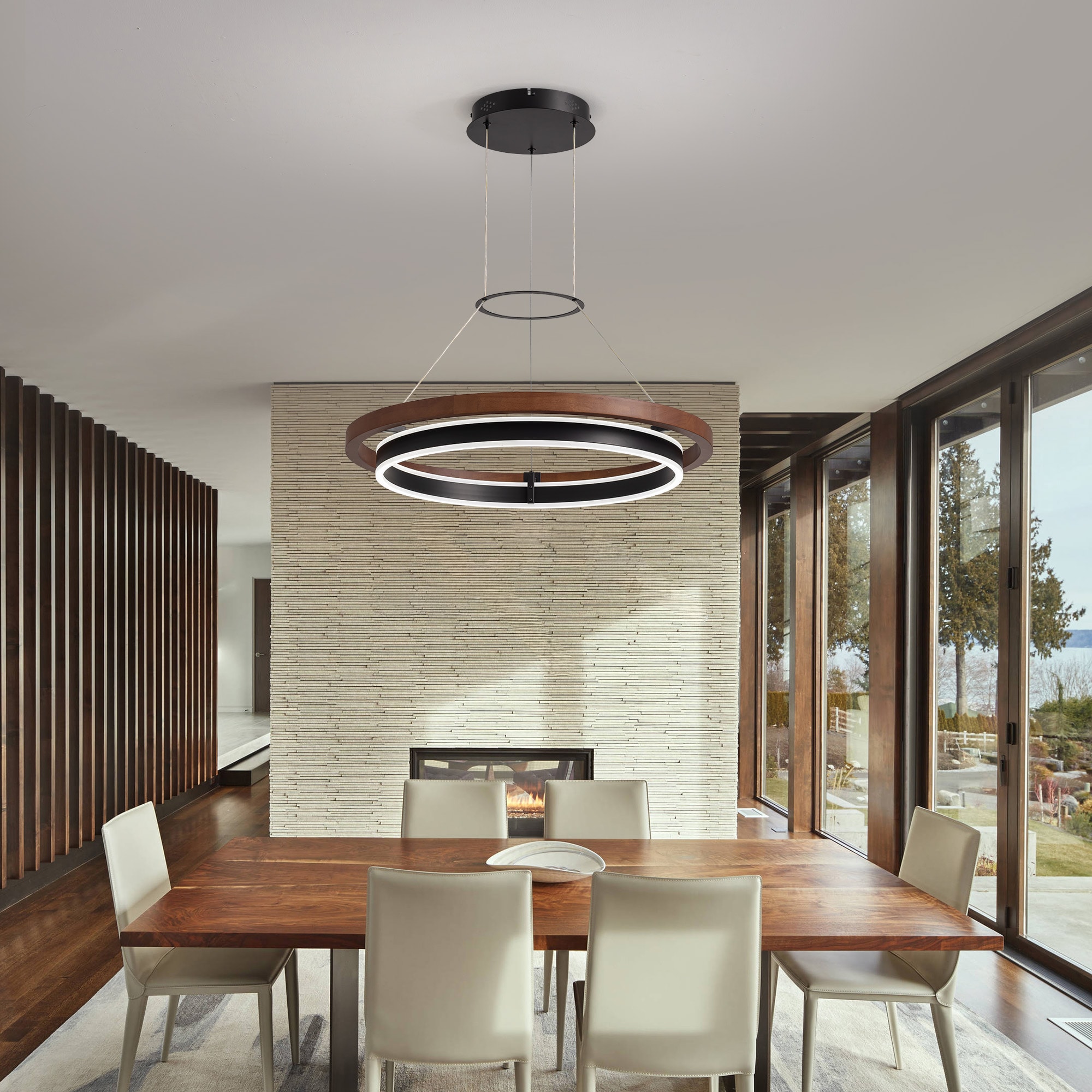 FANNEHONNE 24-Inch Farmhouse Tiered Black Metal Chandelier with Oak Finish Integrated LED for Living Room and Dining Room