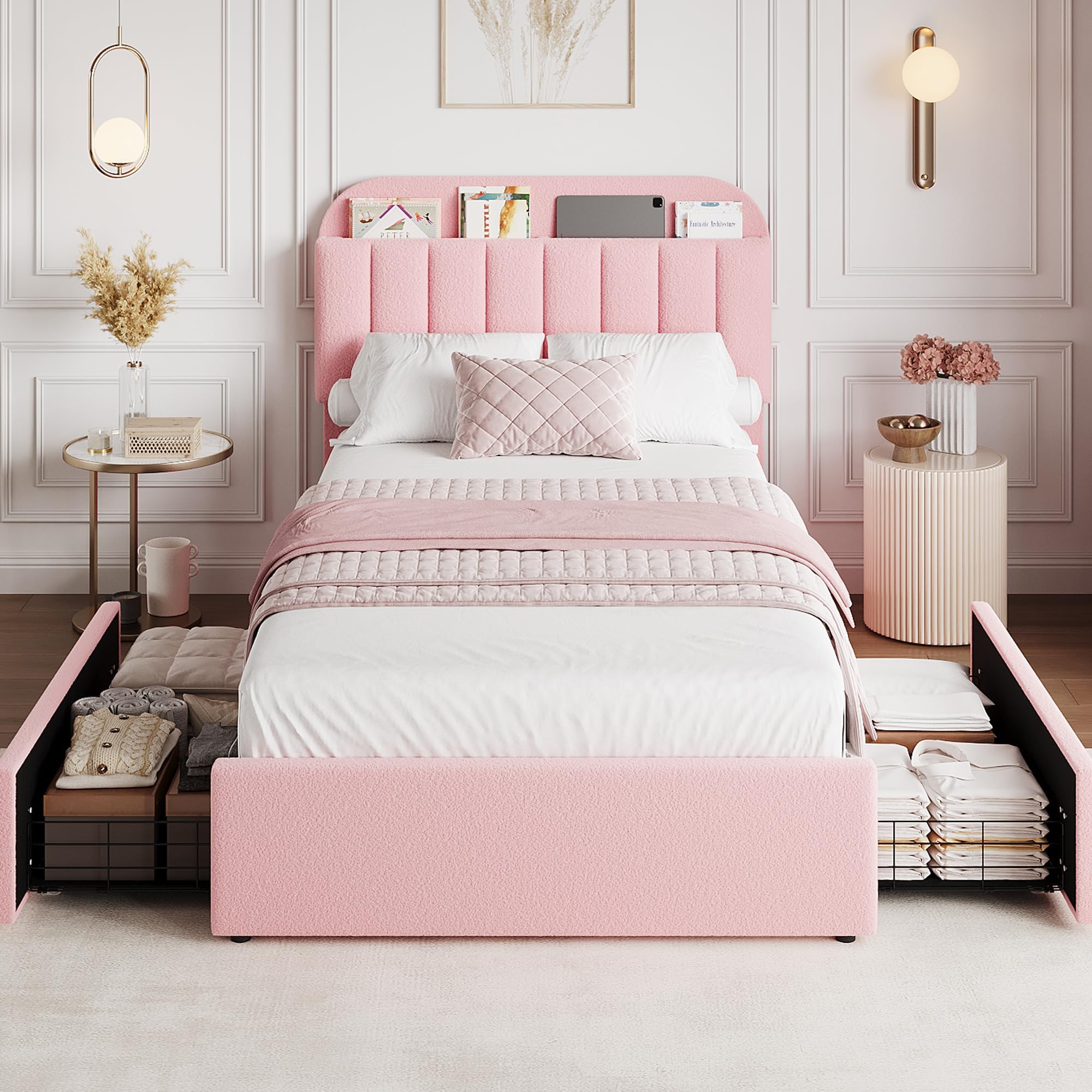 IdealHouse Pink Twin Size Modern Boucle Upholstered Platform Bed Storage Headboard 2 Drawers Built in Bookcase Noise Free Easy Assembly for Bedroom