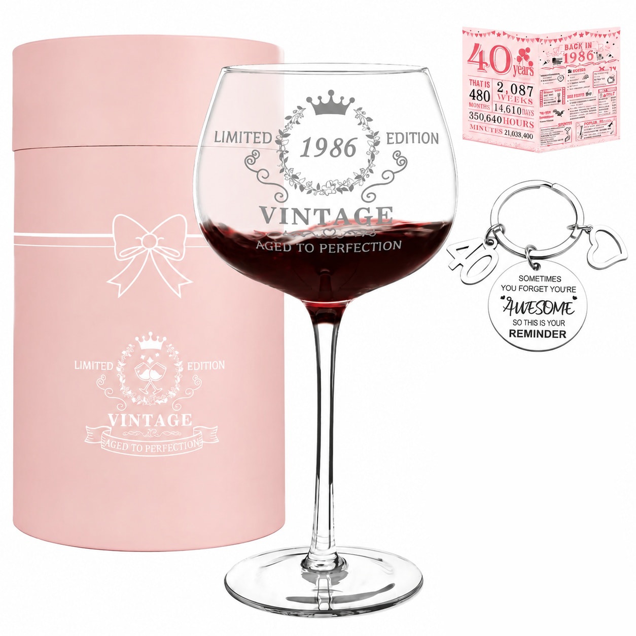 Aoibox  Vintage 1985 Limited Edition 16 oz Wine Glass with 40th Birthday Card and Keychain Gift in Pink Box Set