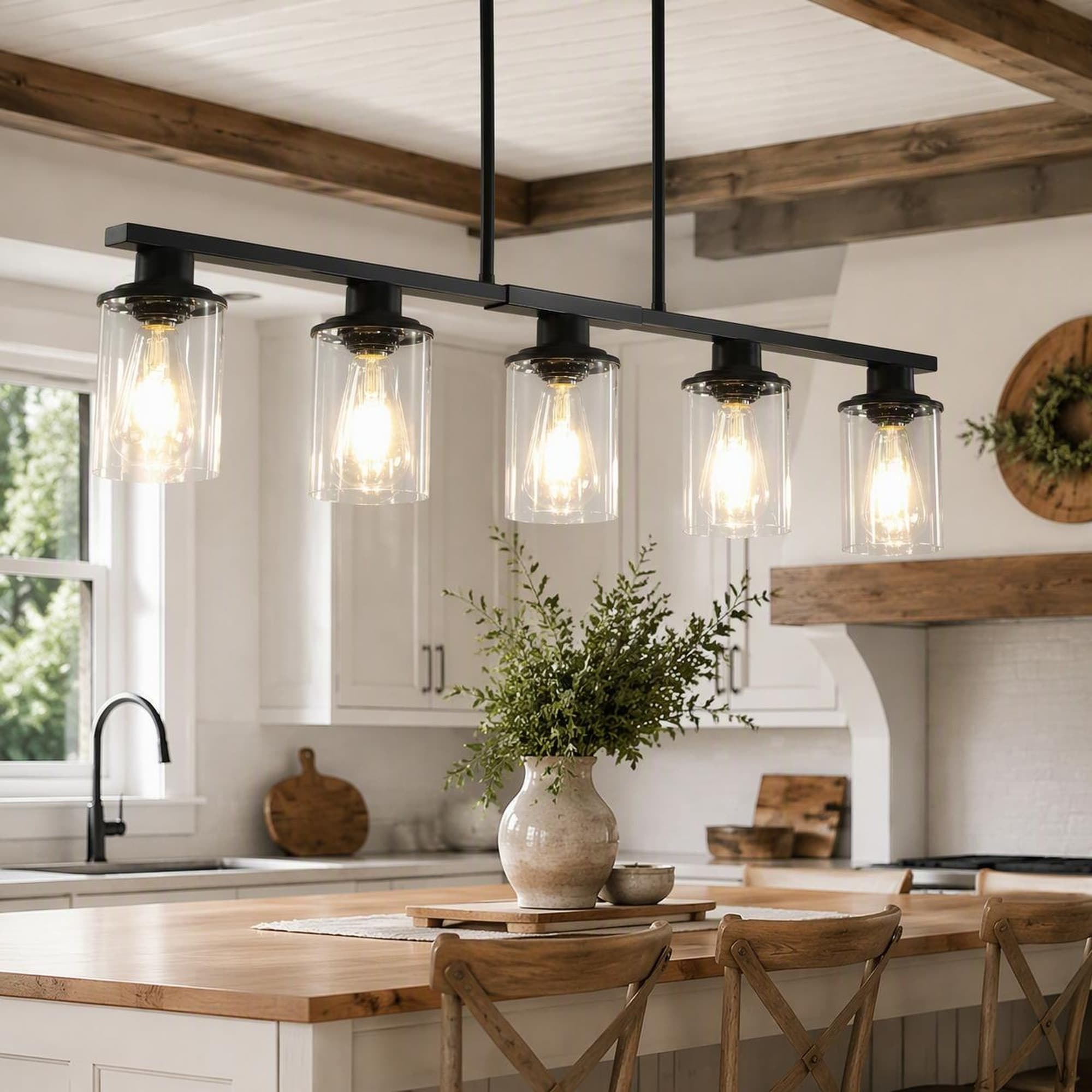 xersbav Modern Black Farmhouse Chandelier 5 Light Rectangular Industrial Hanging Light Fixture with Clear Glass Shades Adjustable Height for Dining Room Kitchen Island 37in