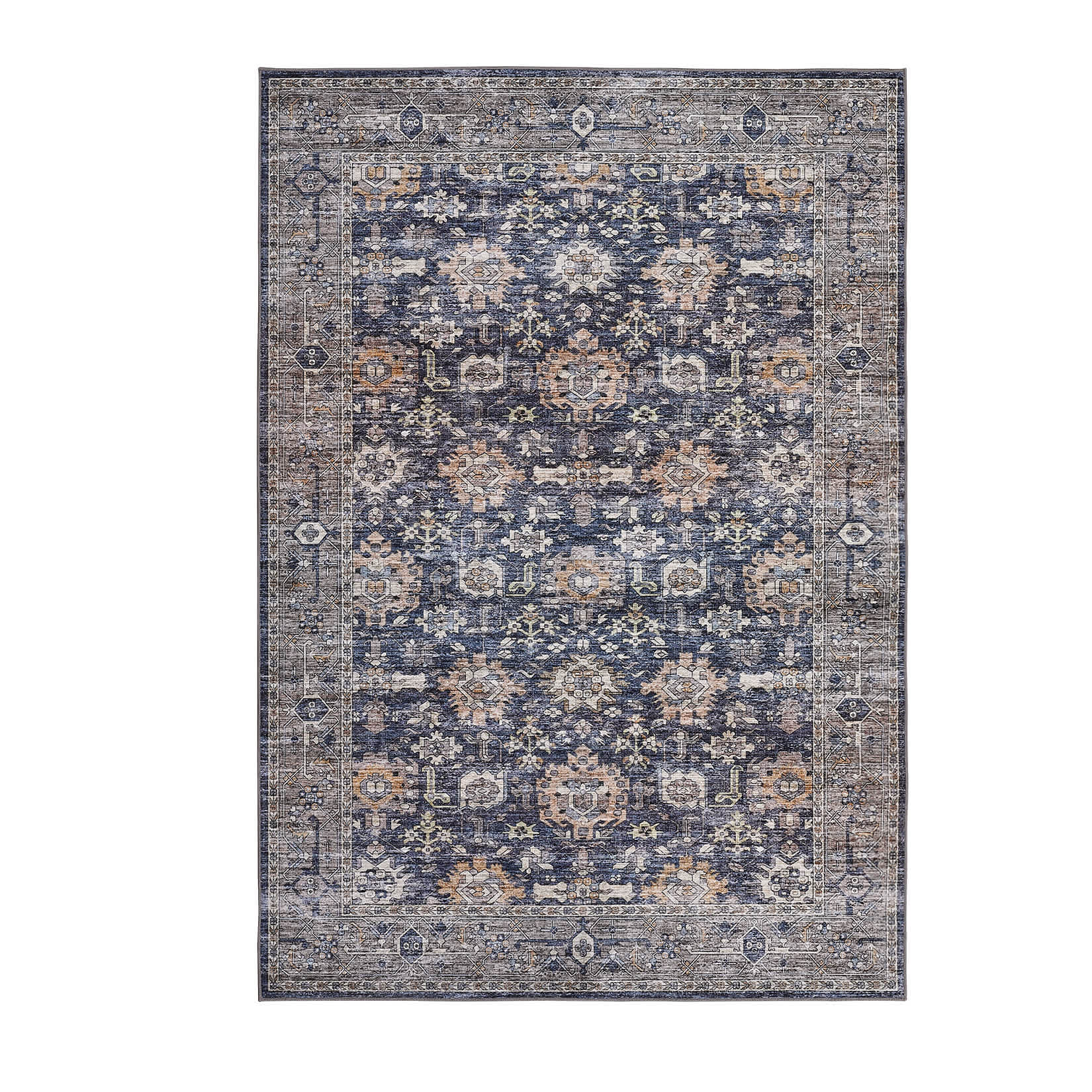 Qeetex LSN-PHO-162TJDLC 5 x 7 ft Polyester Dark Blue Rectangular Hallway Bathroom Entryway Kitchen Office Foldable Flower Printed Modern Washable Area Rug