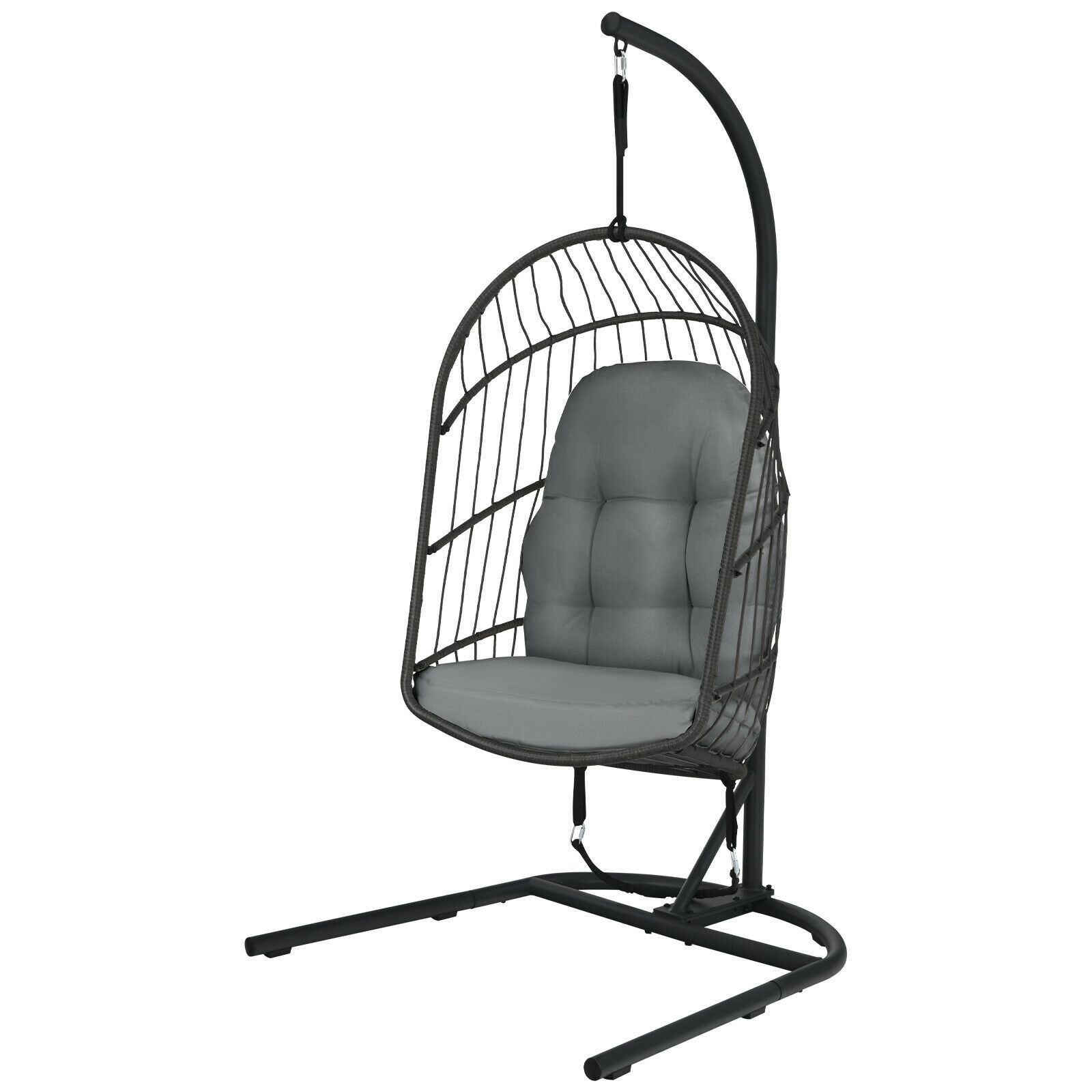 Forclover HYFE-10111GR Patio Swing Egg Chair Rattan Black Stainless steel Frame Hanging Egg Chair with Gray Cushioned Seat