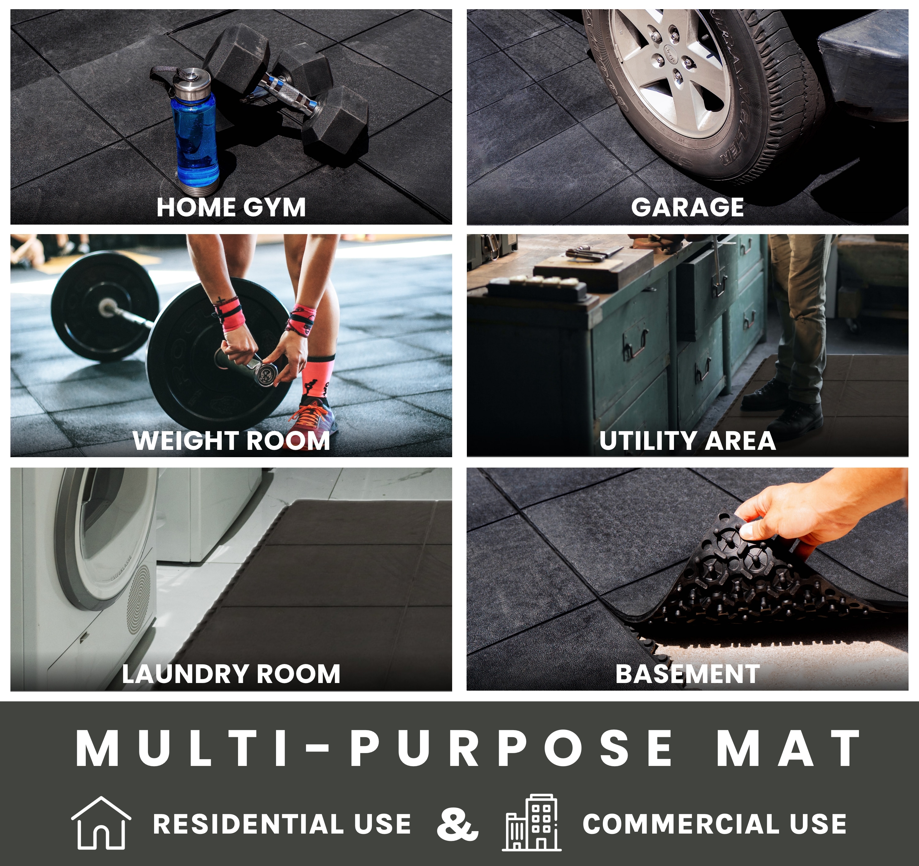 Envelor Durable Anti-Fatigue Rubber Floor Mat, Interlocking Commercial Floor Mat 3' x 3
