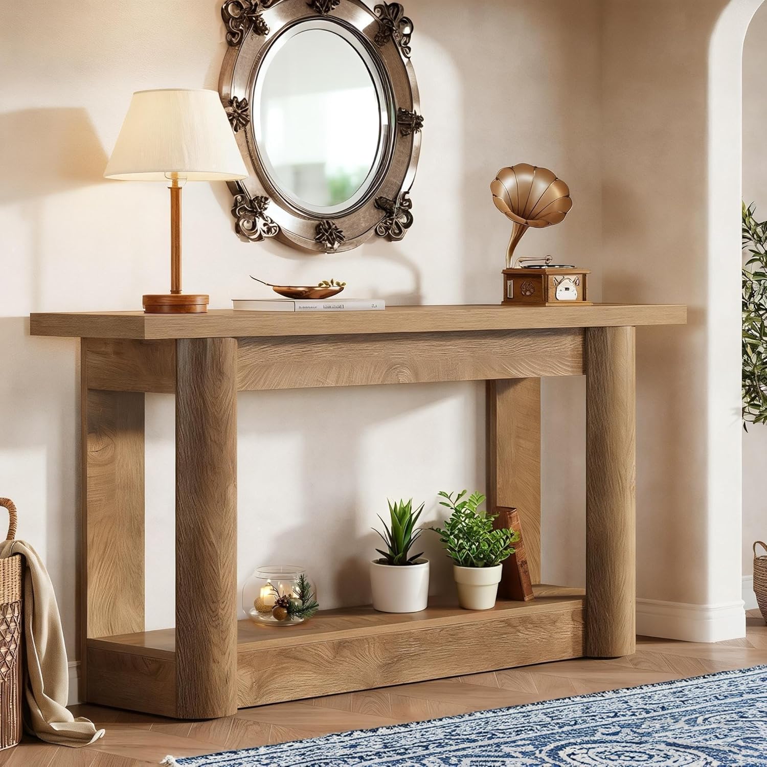 LITTLE TREE  63 inches Narrow Console Table 2 Tiers Storage Long Entryway Table Sofa Foyer Furniture for Living Room Entrance Hallway Light Brown