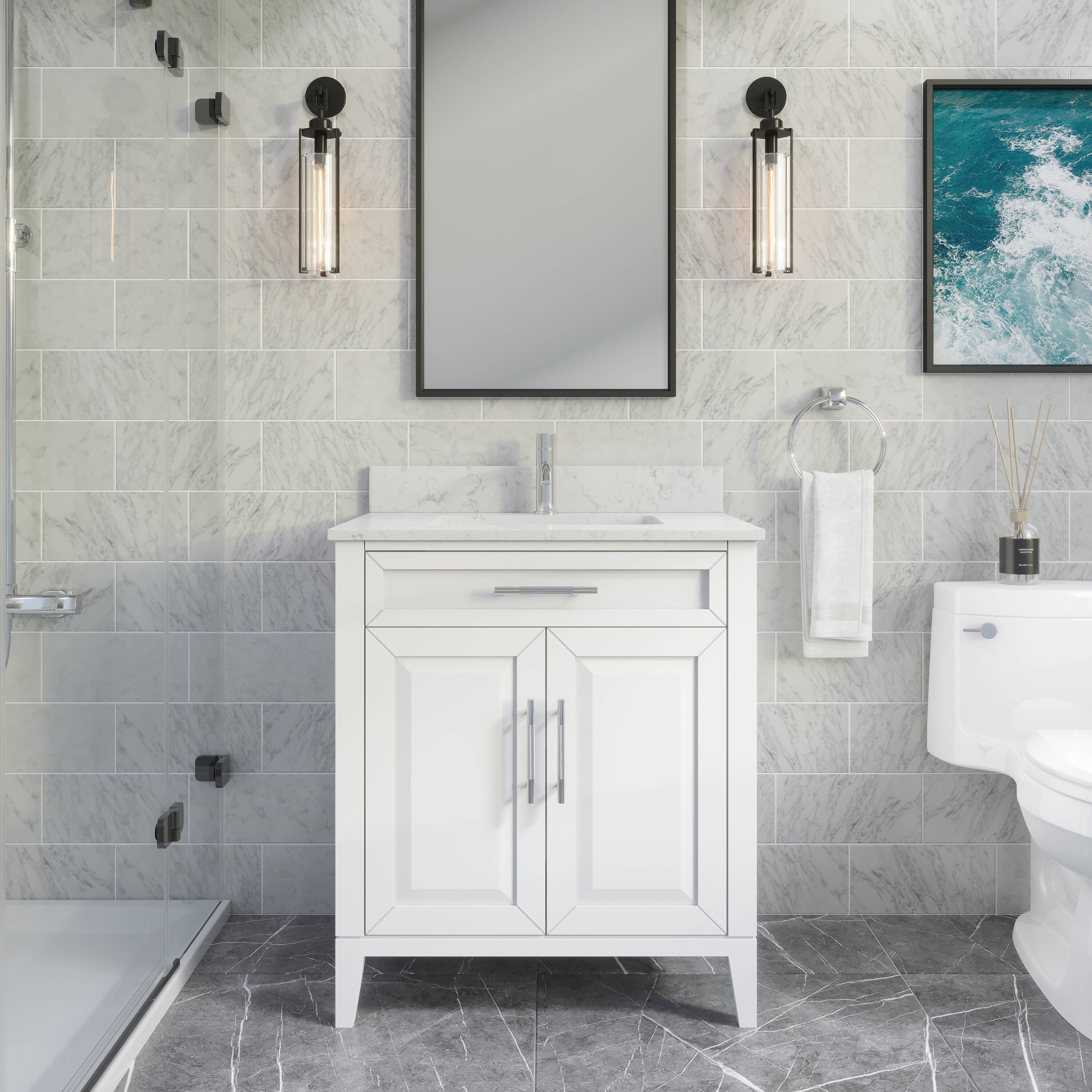 Spa Bathe 21060 Jackson 30-in White Undermount Single Sink Bathroom Vanity with White with Gray Specks Engineered Stone Top