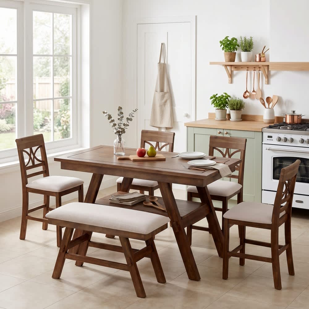 Coolbibila - 6-Piece 60 in Rectangular Counter Height Dining Set Storage Shelf Walnut Rubberwood ...