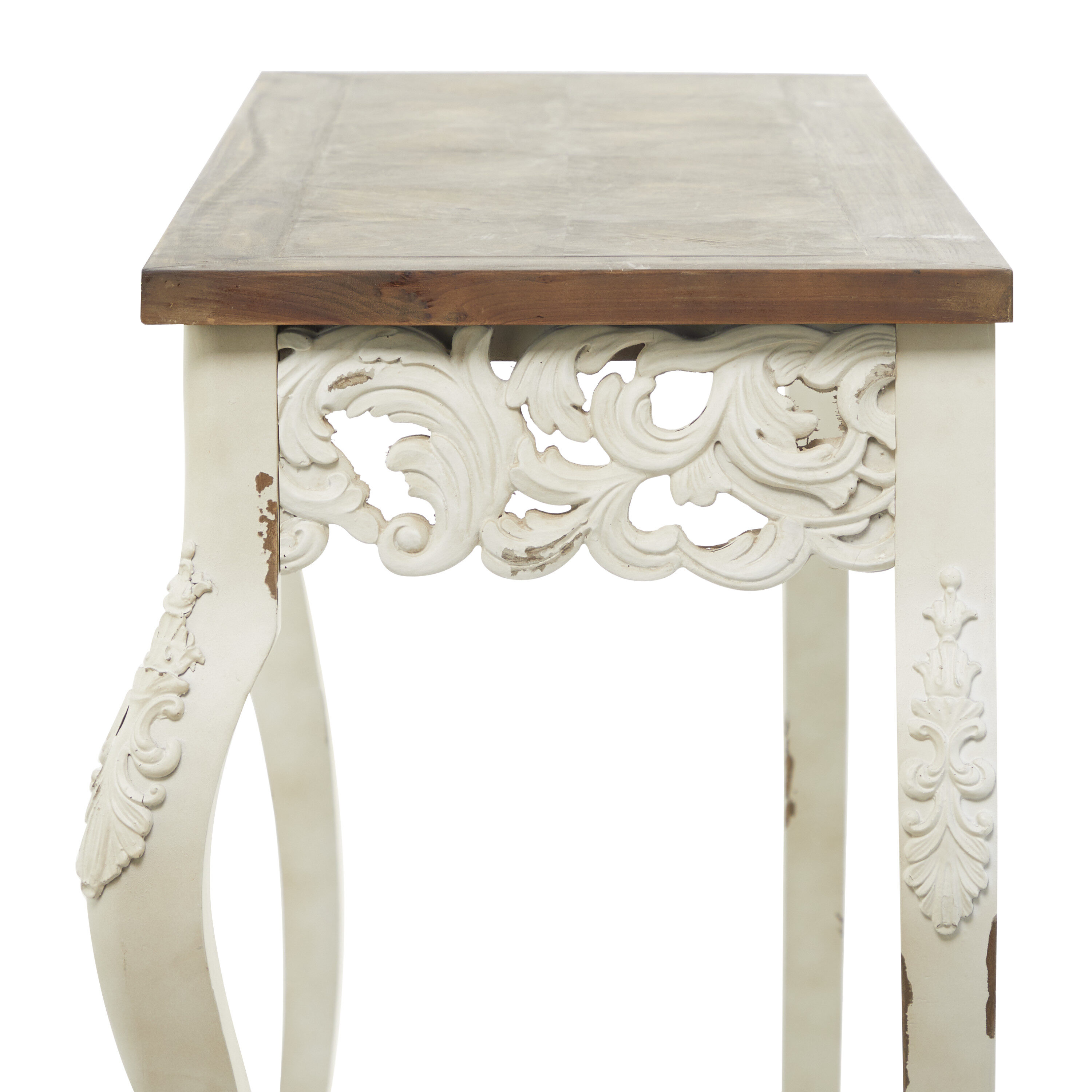 Elegant Farmhouse 46" White and Brown Wood Carved Console Table