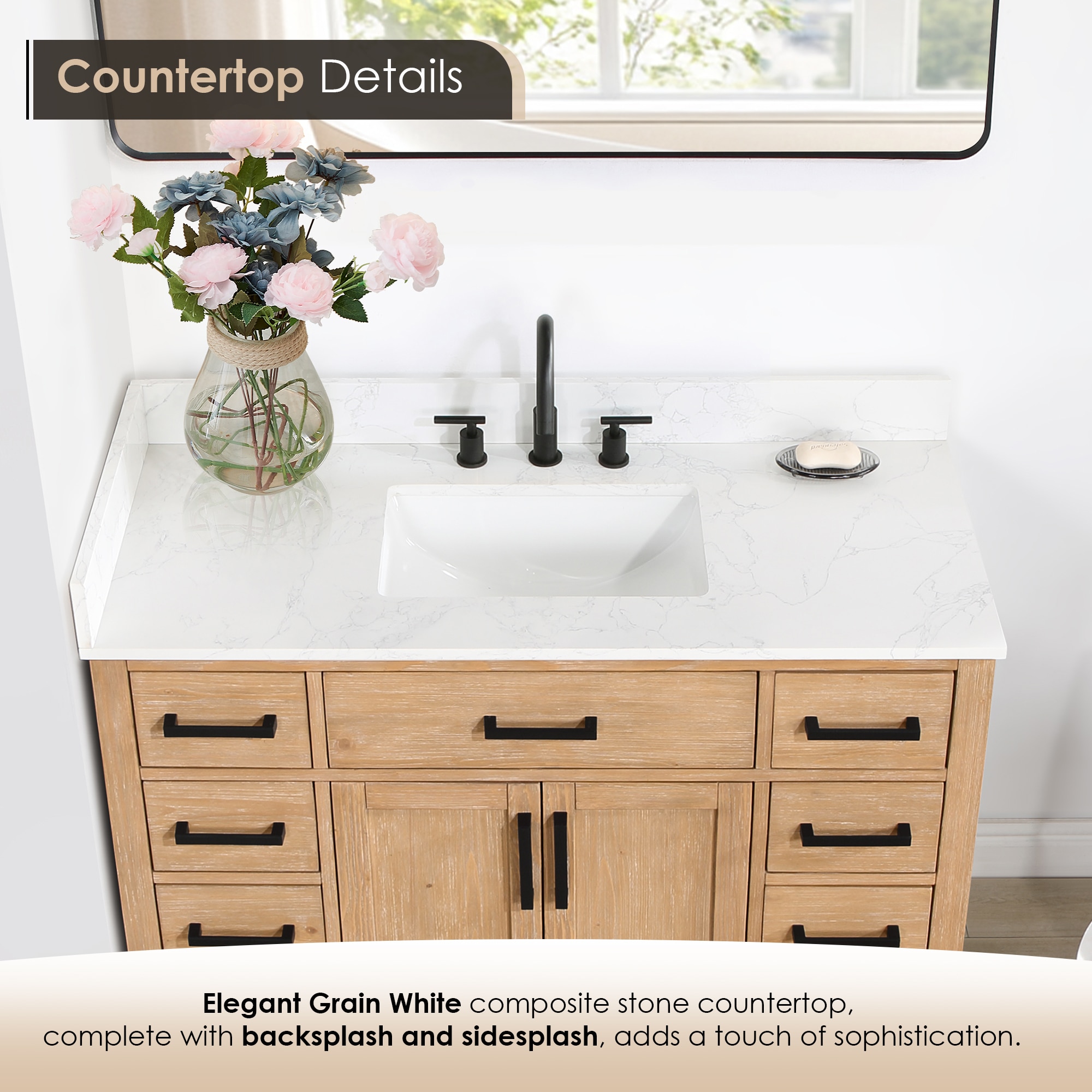 Gavino 48" Light Brown Wood Vanity with Mirror and Stone Top