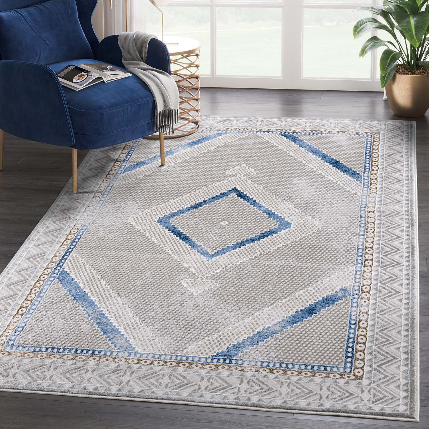 Regal 4 x 6 (ft) Loomed Polypropylene Grey/Blue Rectangular Indoor Medallion Oriental Machine Washable Area rug