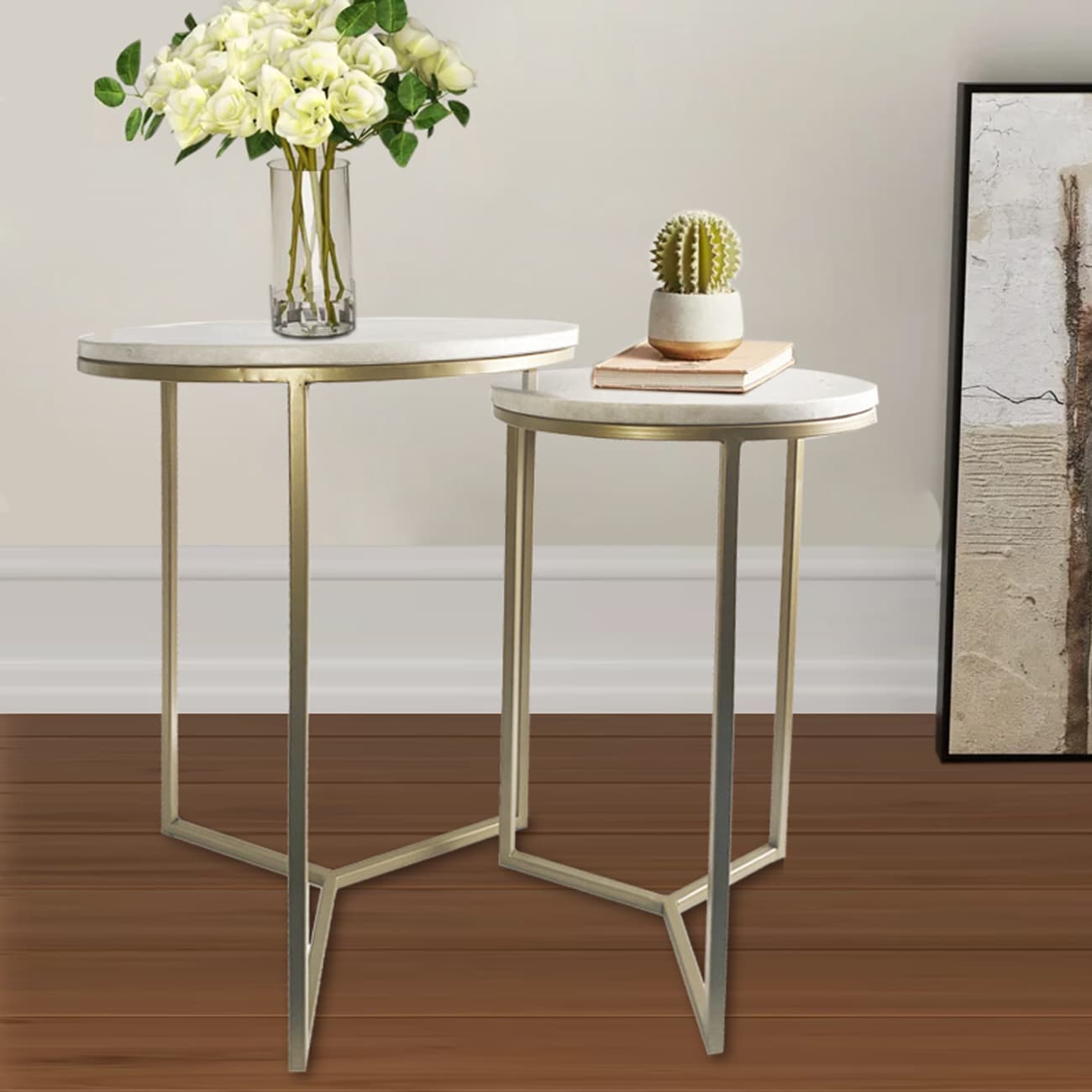 HomeRoots 4000475895 16-Inches W x 22-Inches H White Granite/Marble Round Modern End Table