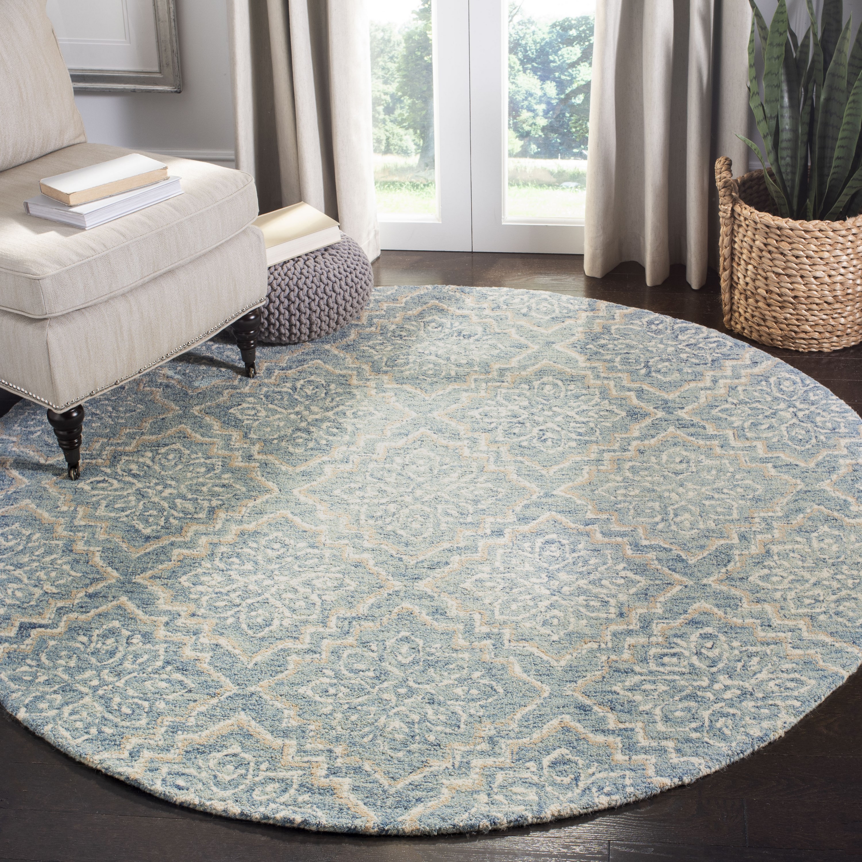 Handmade Abstract Blue Wool 47" Round Tufted Rug