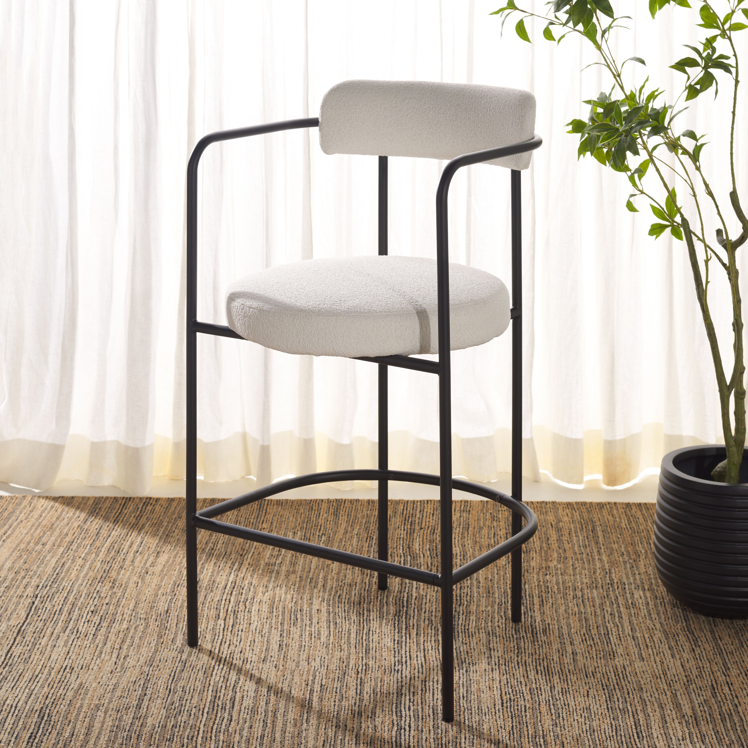 Safavieh BST3901C White/Black 26.5-in H Counter height Round seat Upholstered Metal Bar Stool with Arms and Back
