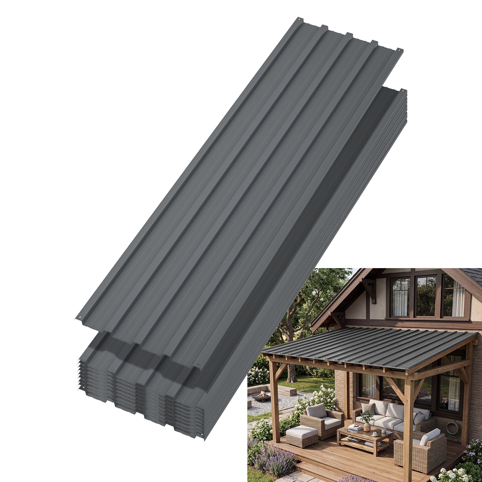 IdealHouse 10 PCS Metal Roofing Panels 73.23 in x 17.72 in Waterproof Corrugated Metal Roof Panels with Screws for Carports Tool shed Gazebo Chicken coop House fencing Easy to Install Gray